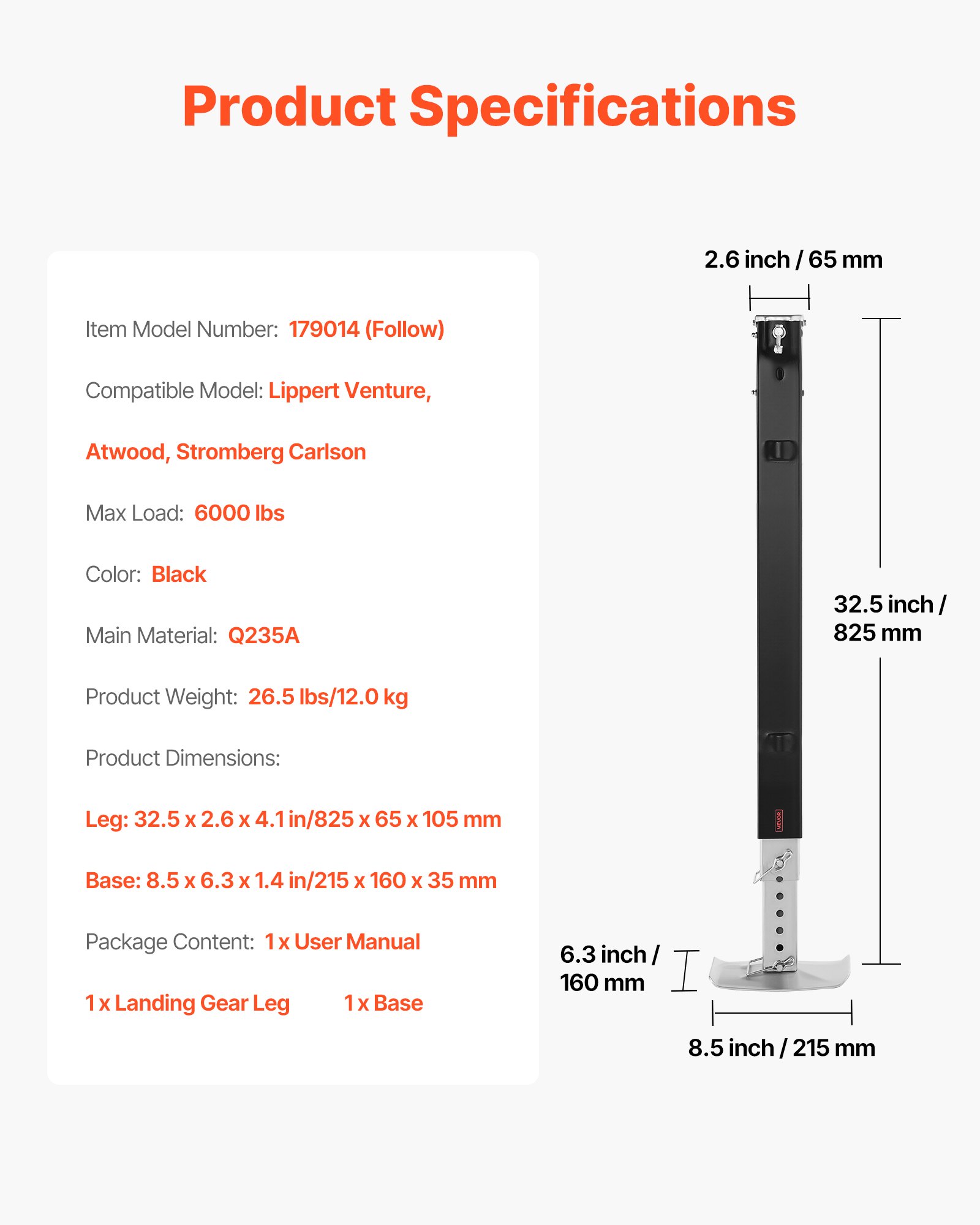 VEVOR Supporto del Carrello di Atterraggio RV Camper 179014 per Camper Utensili per Atterraggio Ricambio Universale Compatibile con Sistemi Lippert Venture, Atwood, Stromberg Carlson, Nero