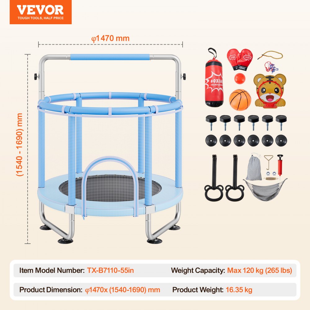 VEVOR Trampolino per Bambini 1470 x 1540 mm, Trampolino per Interni Esterni, Mini Trampolino Ricreativo per Bambini con Rete Sicurezza e Canestro Basket Giocattoli Bambini Trampolino per Bambini Blu