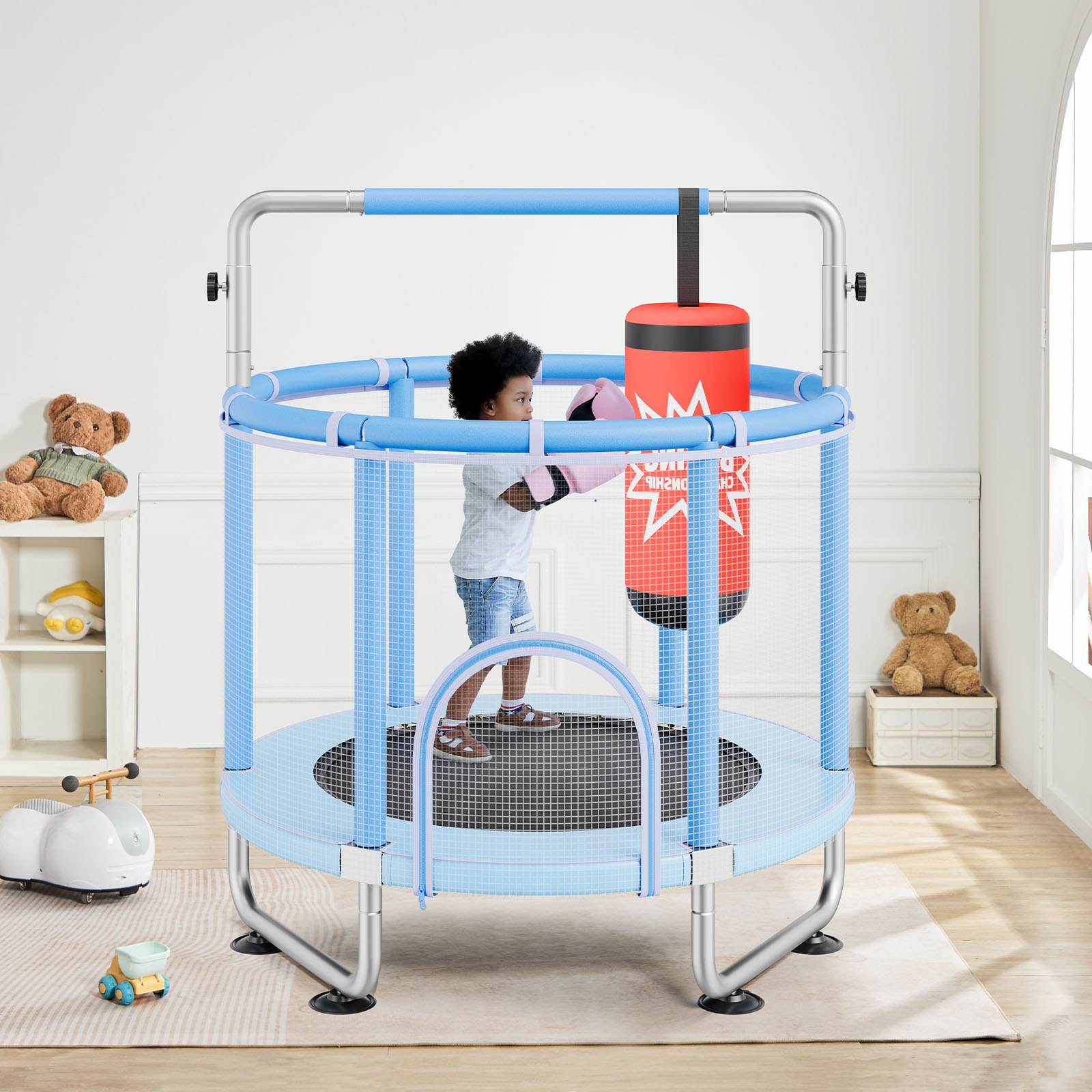 VEVOR Trampolino per Bambini 1470 x 1540 mm, Trampolino per Interni Esterni, Mini Trampolino Ricreativo per Bambini con Rete Sicurezza e Canestro Basket Giocattoli Bambini Trampolino per Bambini Blu
