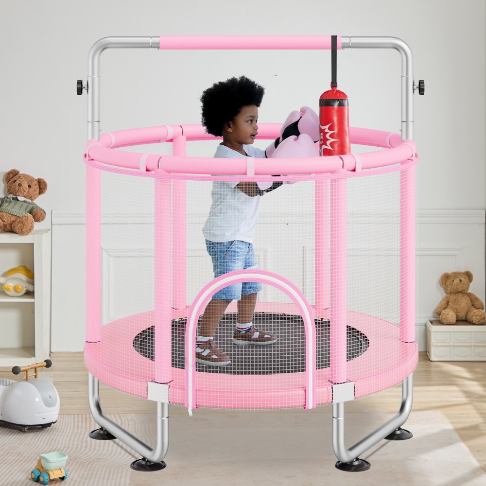 VEVOR Trampolino per Bambini 1470 x 1540 mm, Trampolino per Interni Esterni, Mini Trampolino Ricreativo per Bambini con Rete Sicurezza e Canestro Basket Giocattoli Bambini Trampolino per Bambini Rosa