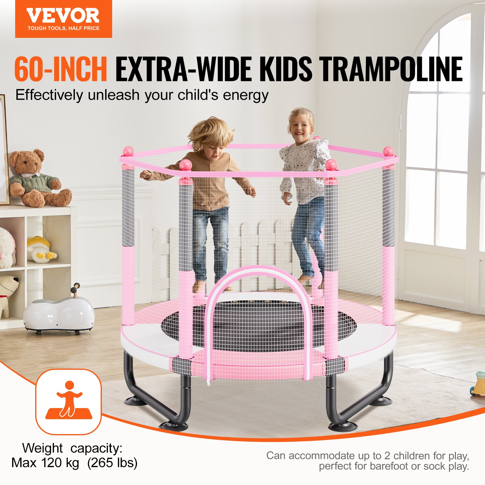 VEVOR Trampolino per Bambini 1545x1210 mm, Trampolino per Interni Esterni, Mini Trampolino Ricreativo per Bambini con Rete Sicurezza e Canestro Basket Giocattoli Bambini Trampolino per Bambini Rosa