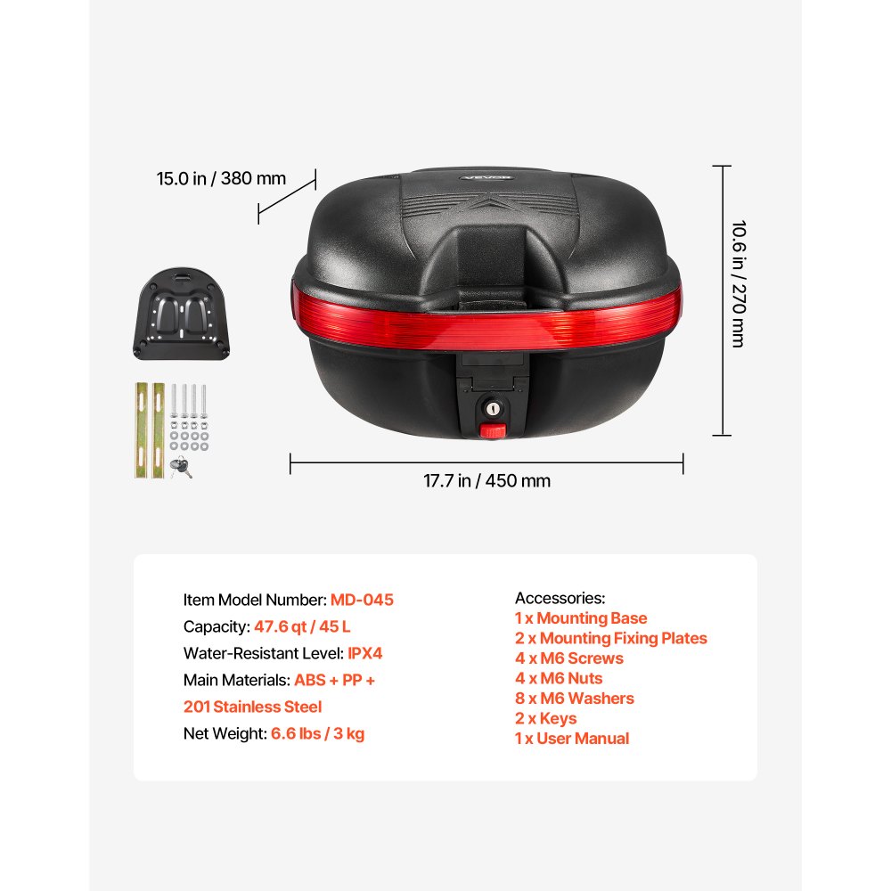 VEVOR Bauletto Posteriore per Moto Capacità 30L Universale Bauletto in PP Impermeabile IPX4, con Serratura di Sicurezza, Portapacchi Posteriori per Moto, Trasporto Bagagli Valigie, Viaggio Campeggio