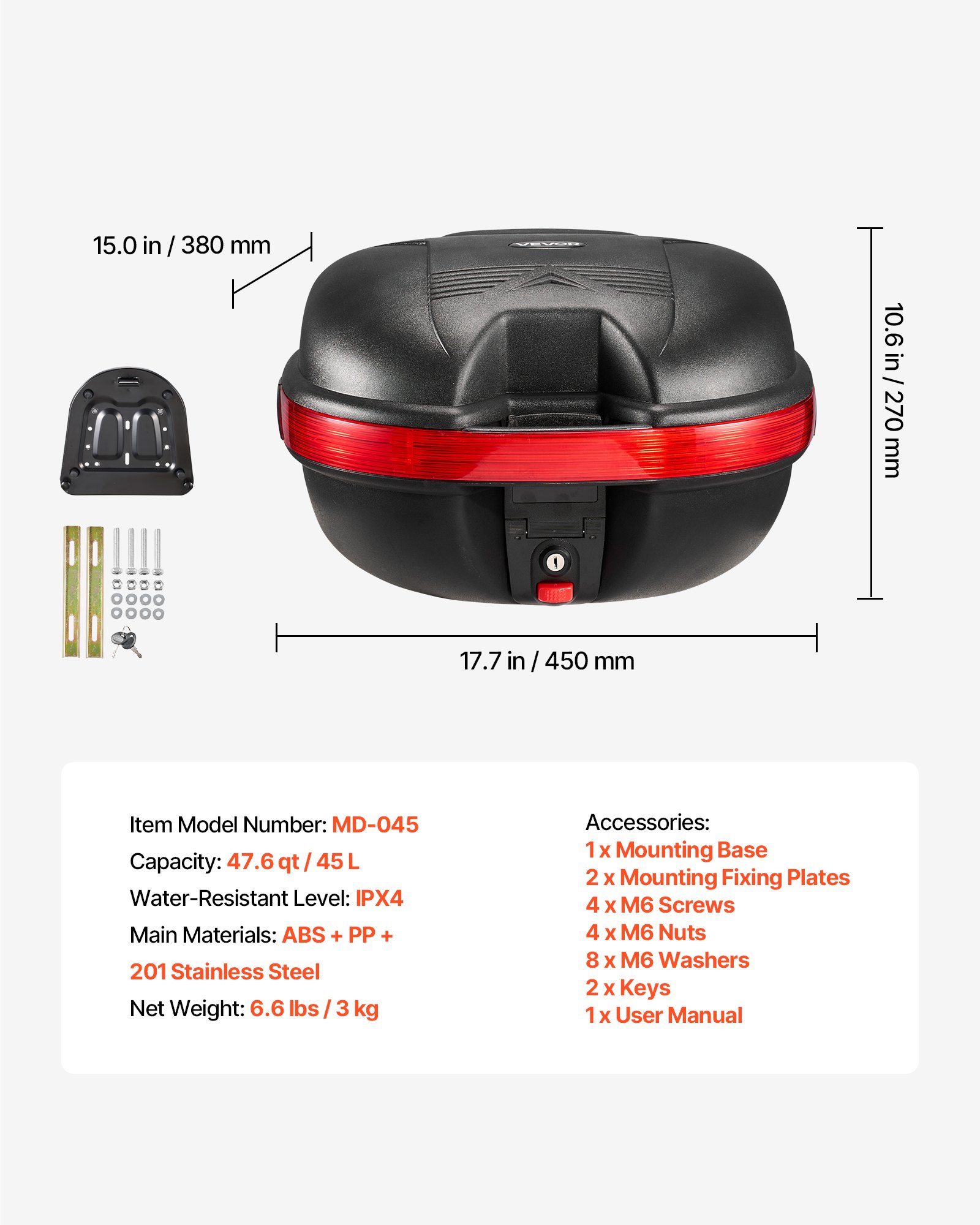 VEVOR Bauletto Posteriore per Moto Capacità 30L Universale Bauletto in PP Impermeabile IPX4, con Serratura di Sicurezza, Portapacchi Posteriori per Moto, Trasporto Bagagli Valigie, Viaggio Campeggio