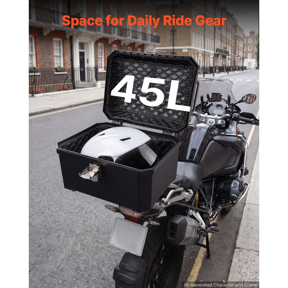 VEVOR Bauletto Posteriore per Moto Capacità 45L Universale Bauletto in ABS Impermeabile IPX4, con Serratura di Sicurezza, Rivestimento in Pelle, Trasporto Bagagli Valigie Caschi, Viaggio, Campeggio