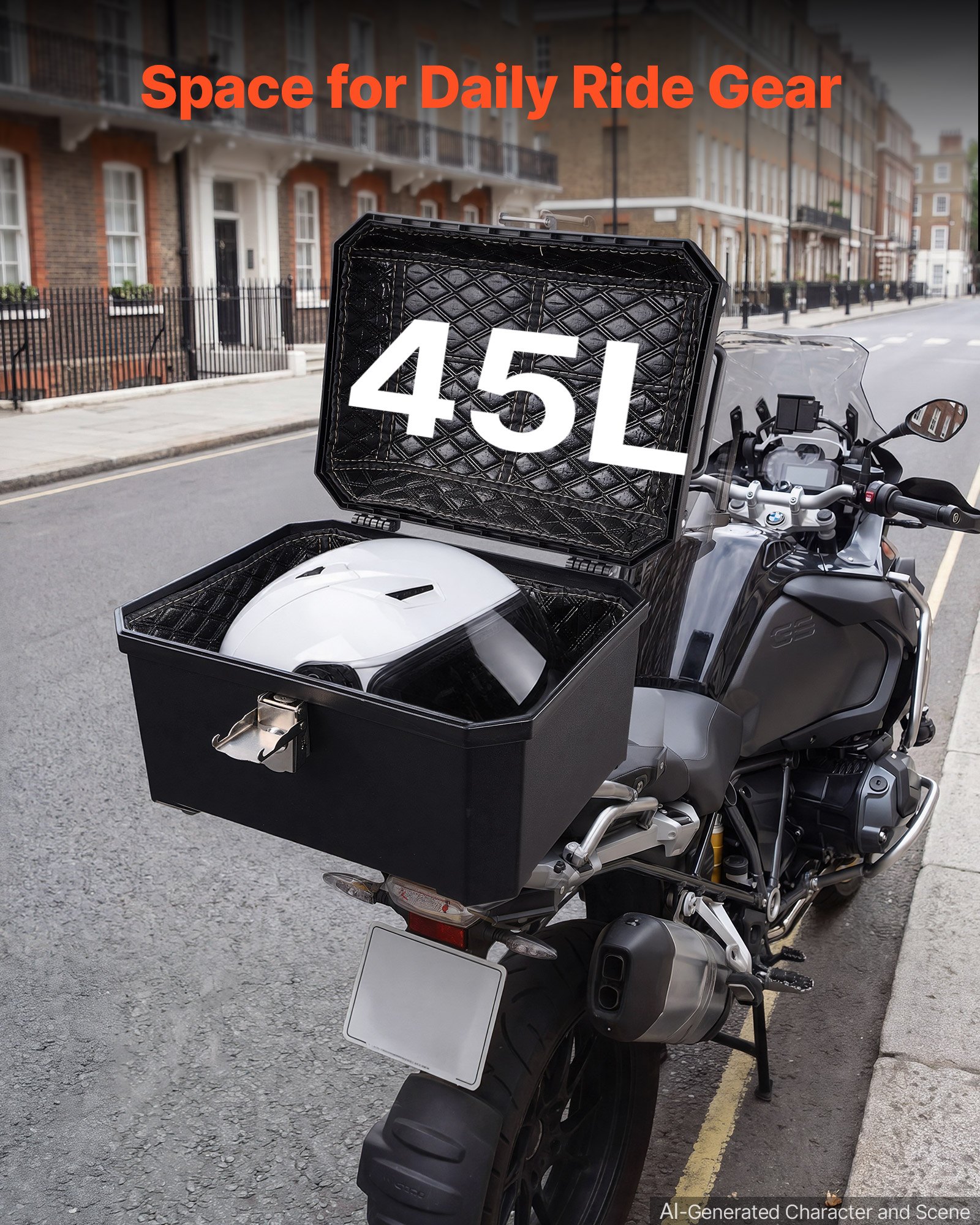 VEVOR Bauletto Posteriore per Moto Capacità 45L Universale Bauletto in ABS Impermeabile IPX4, con Serratura di Sicurezza, Rivestimento in Pelle, Trasporto Bagagli Valigie Caschi, Viaggio, Campeggio