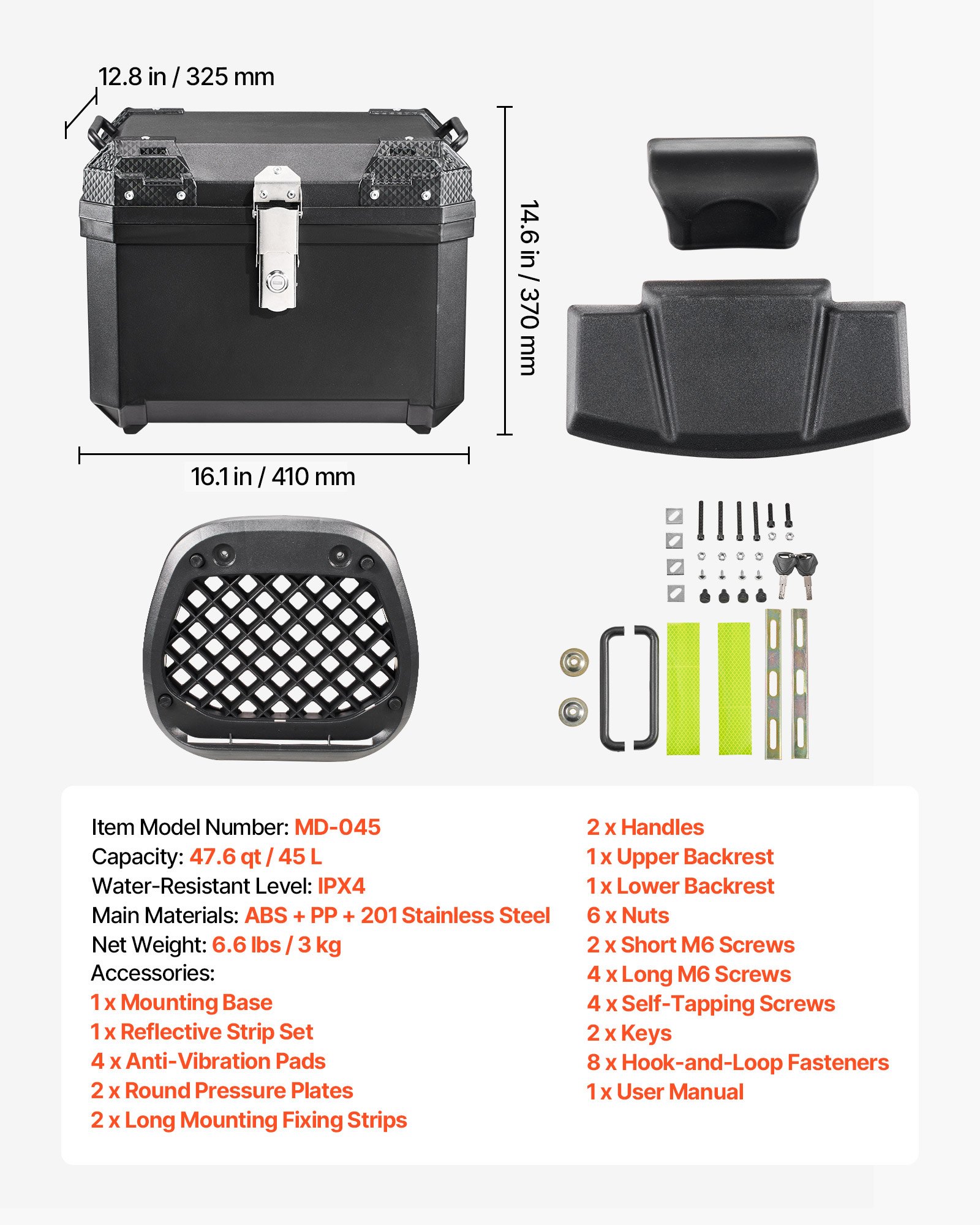 VEVOR Bauletto Posteriore per Moto Capacità 45L Universale Bauletto in ABS Impermeabile IPX4, con Serratura di Sicurezza, Rivestimento in Pelle, Trasporto Bagagli Valigie Caschi, Viaggio, Campeggio