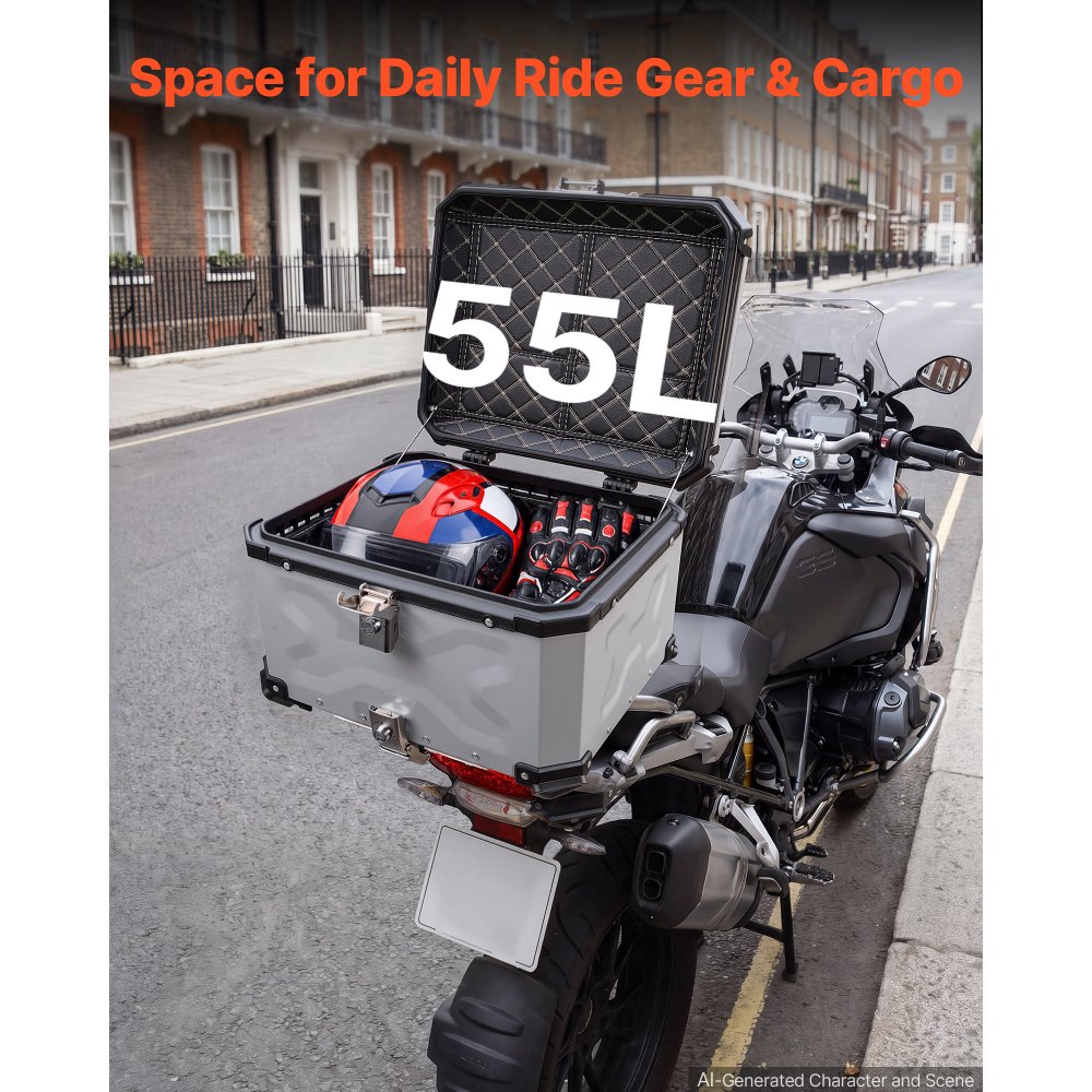 VEVOR Bauletto Posteriore per Moto Universale Capacità da 55 L Rimovibile, Impermeabile, Serratura Sicurezza, Rivestimento in Pelle per Casco, Borsa Portabagaglio in Alluminio, 473 x 433 x 378 mm