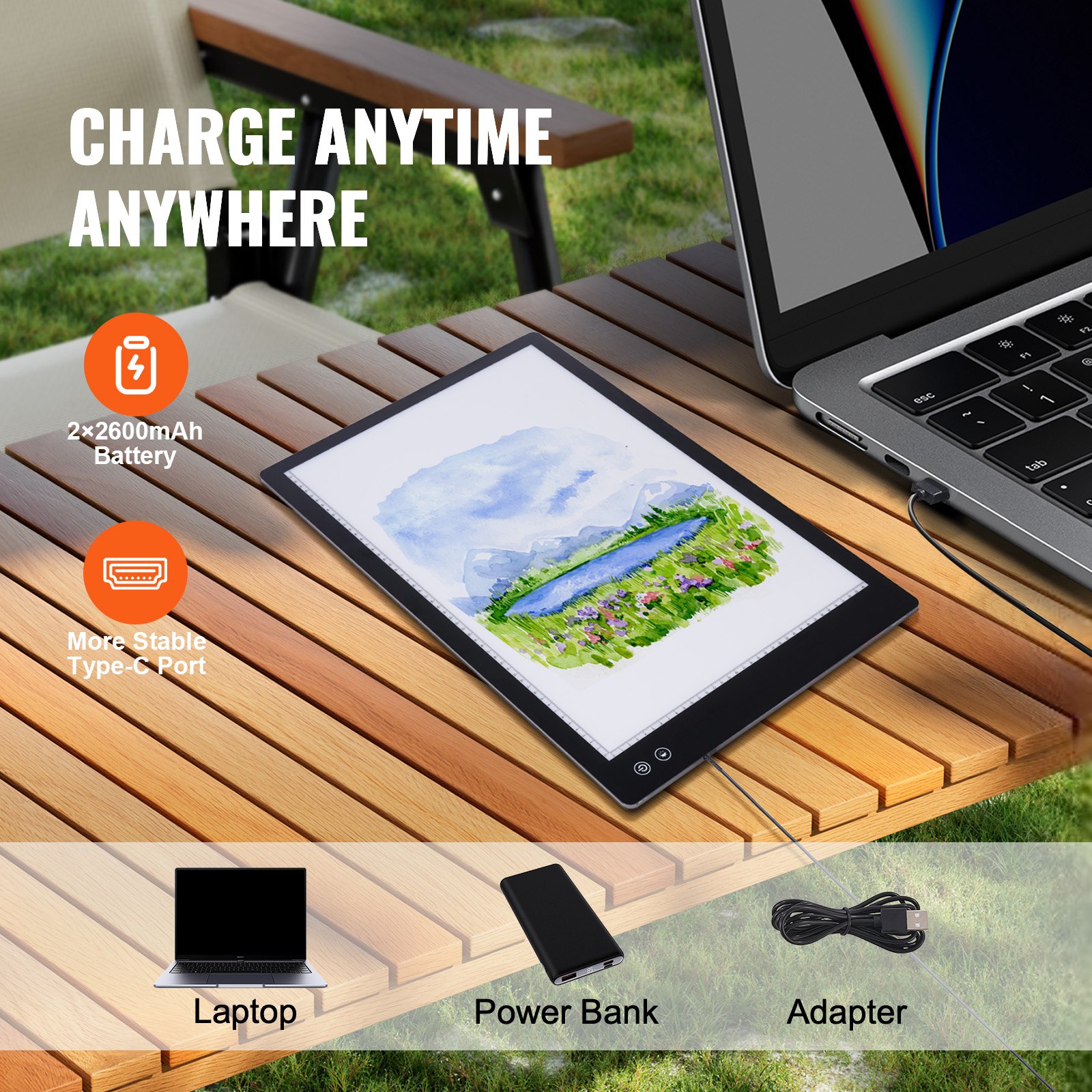 VEVOR Lightboard A2 LED Light Pad Lightbox with 6-level Dimmable Brightness, Rechargeable Light Panel for Tracing, Light Box for Diamond Painting, Animation, Sketching, Drawing, Black