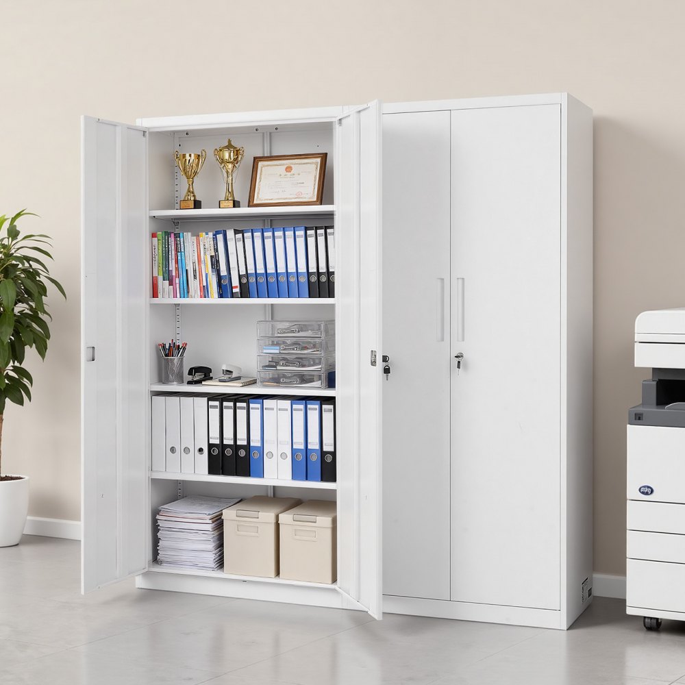 VEVOR Credenze Arredo Studio in Acciaio, con Serratura da 175 cm con 4 Ripiani Regolabili, 2 Ante Magnetiche, 2 Chiavi, 5 Ripiani per Riporre gli Attrezzi per Dispensa, Magazzino, Lavanderia, Bianco