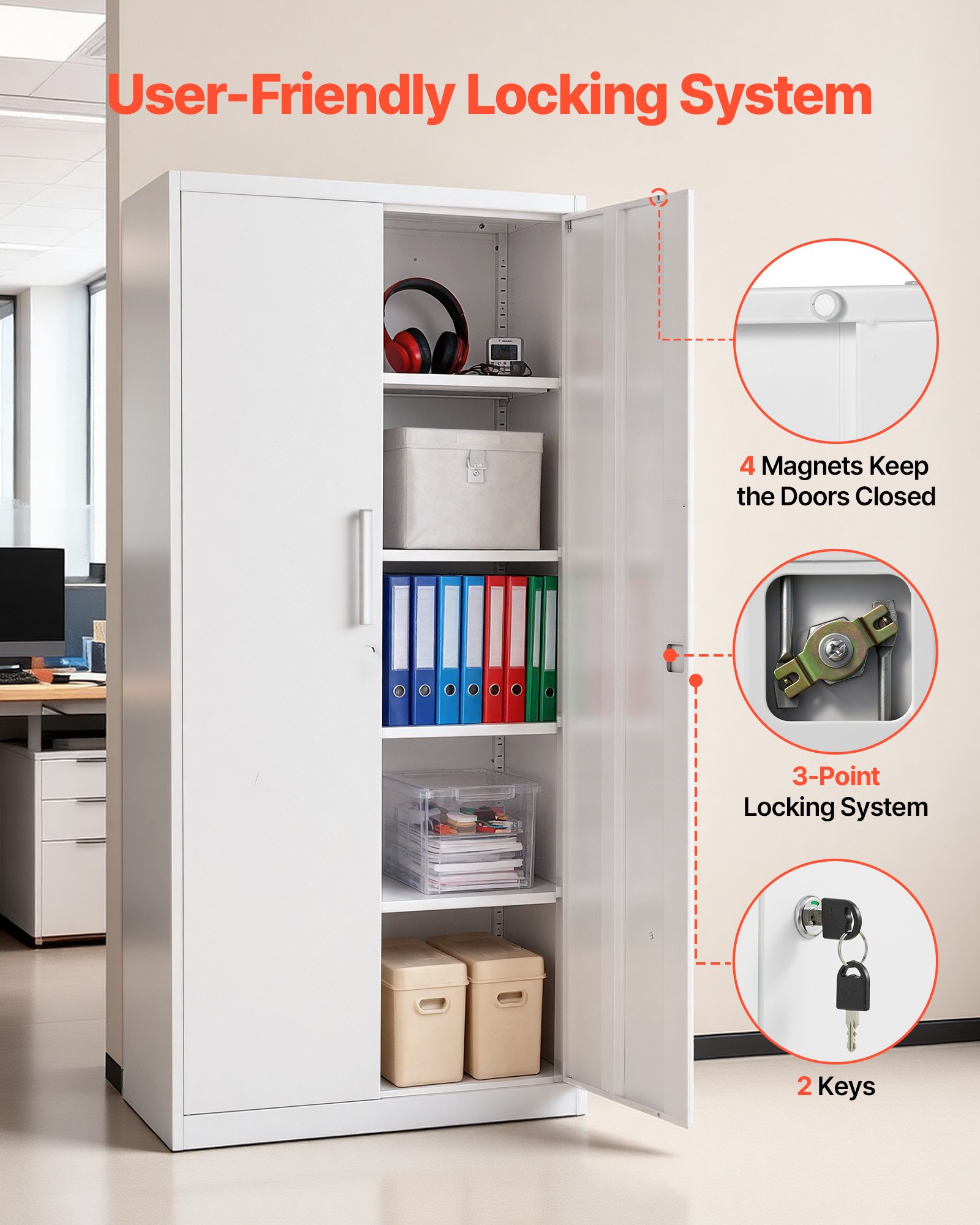 VEVOR Credenze Arredo Studio in Acciaio, con Serratura da 175 cm con 4 Ripiani Regolabili, 2 Ante Magnetiche, 2 Chiavi, 5 Ripiani per Riporre gli Attrezzi per Dispensa, Magazzino, Lavanderia, Bianco