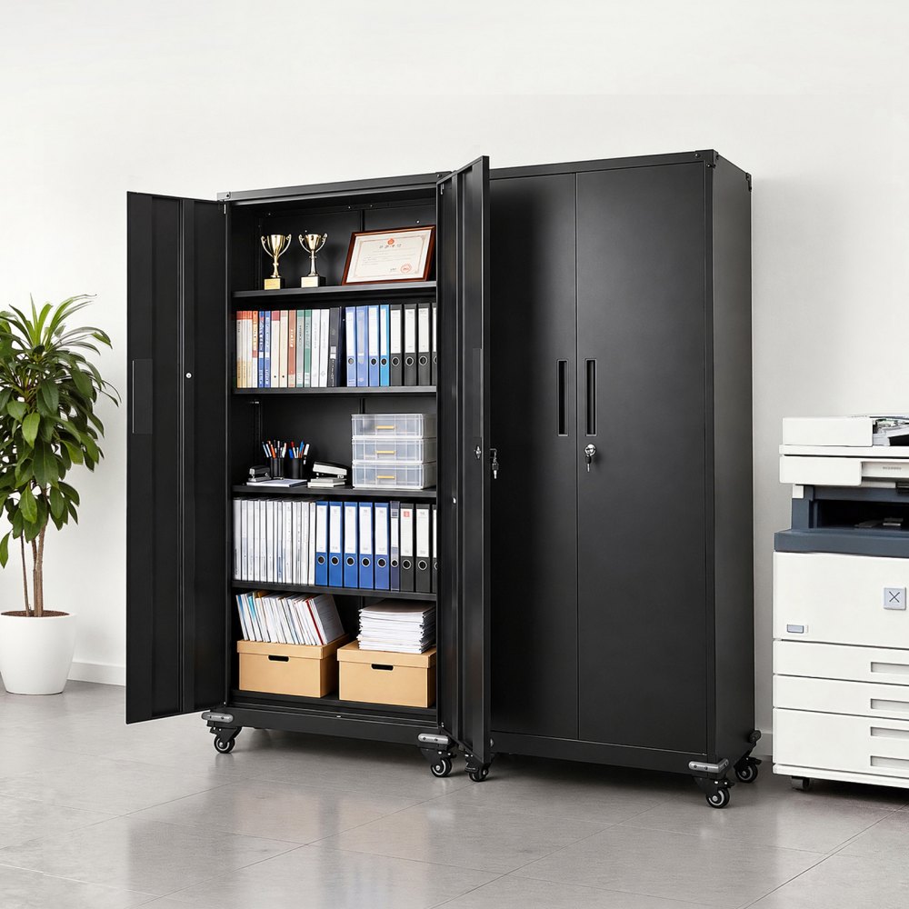VEVOR Armadio Metallo da Garage in Acciaio con Ruote da 184,5 cm con 4 Ripiani Regolabili, 2 Ante Magnetiche e 2 Chiavi, 5 Ripiani Portautensili con Serratura per Dispensa, Magazzino, Cantina, Nero