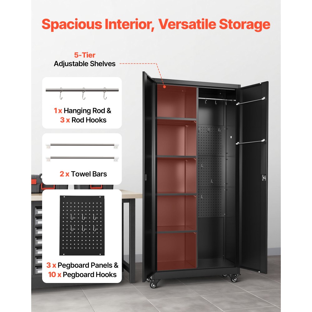 VEVOR Armadio Portaoggetti in Metallo Armadio da Garage in Acciaio con Ruote da 179,5 cm con Ripiani Regolabili, 2 Ante Magnetiche, Asta Appendiabiti e 3 Ganci per Asta, per Dispensa, Magazzino