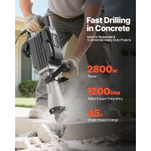 VEVOR Martello Demolitore, Potente Martello Pneumatico Elettrico 2800 W, per Calcestruzzo 1200 BPM con 3 Scalpelli, Vanga per Argilla, Custodia per il Trasporto, Guanti, per Calcestruzzo, Pareti