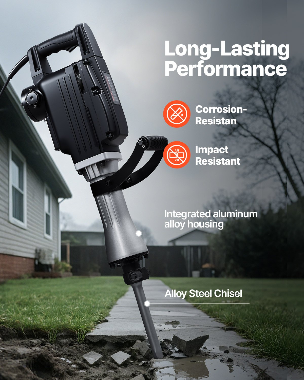 VEVOR Martello Demolitore, Potente Martello Pneumatico Elettrico da 2800 W, per Calcestruzzo da 1200 BPM con Scalpello a Punta, Scalpello Piatto, Custodia per il Trasporto, Guanti, per Calcestruzzo