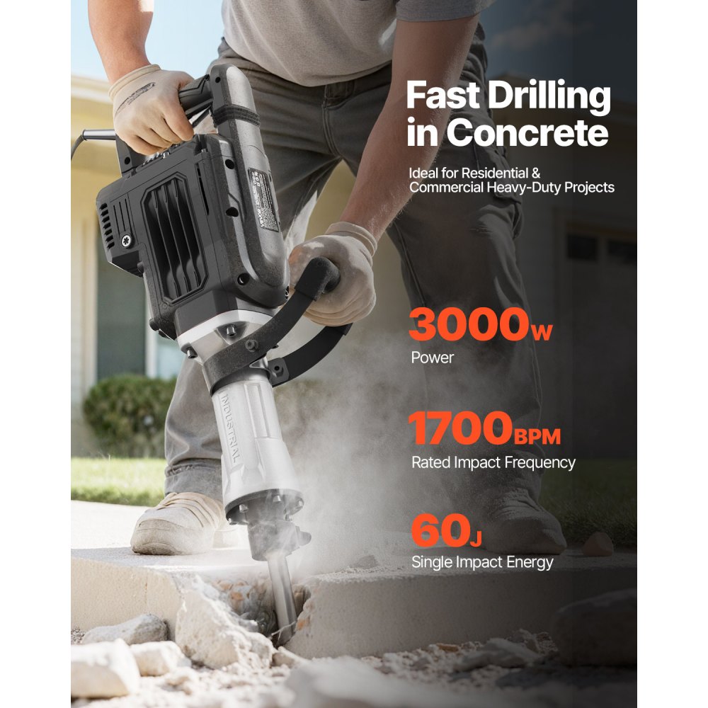 VEVOR Martello Demolitore, Potente Martello Pneumatico Elettrico da 3000 W, Avvitatore a Percussione per Calcestruzzo da 1700 BPM con Scalpello a Punta, Custodia per il Trasporto, Guanti