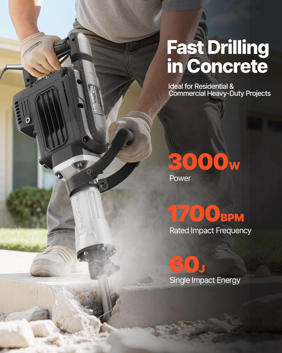 VEVOR Martello Demolitore, Potente Martello Pneumatico Elettrico da 3000 W, Avvitatore a Percussione per Calcestruzzo da 1700 BPM con Scalpello a Punta, Custodia per il Trasporto, Guanti