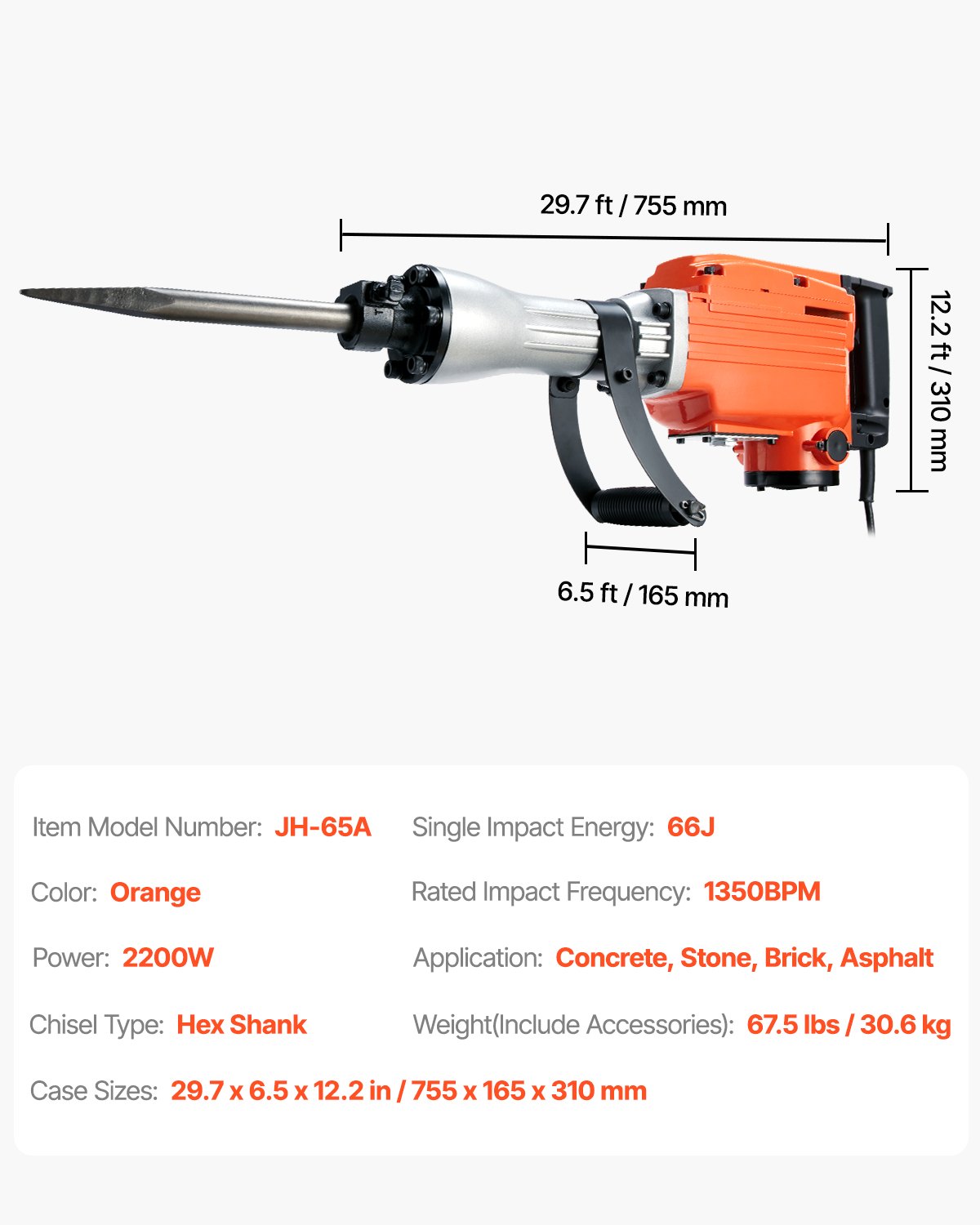 VEVOR Martello Demolitore per Calcestruzzo 2200W 6 Punte a Scalpello per 1400BPM, Kit di Martello Demolitore Elettrico 220V per Lavorazione su Cemento Mattoni Piastrelle Demolizione per Muro 66J 2200W