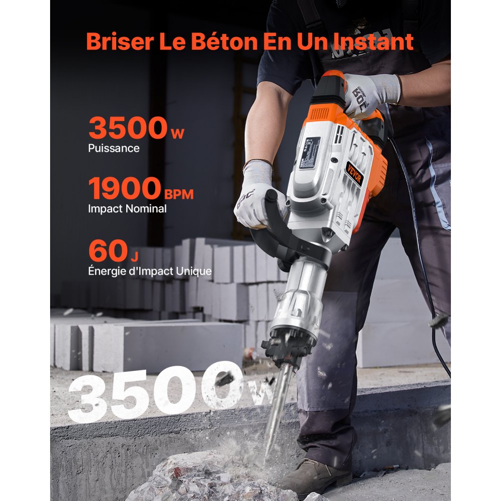 VEVOR Martello Demolitore per Calcestruzzo 3500W 2 Punte a Scalpello per 1900BPM, Kit di Martello Demolitore Elettrico 220V per Lavorazione su Cemento Mattoni Piastrelle Demolizione per Muro 60J 3500W
