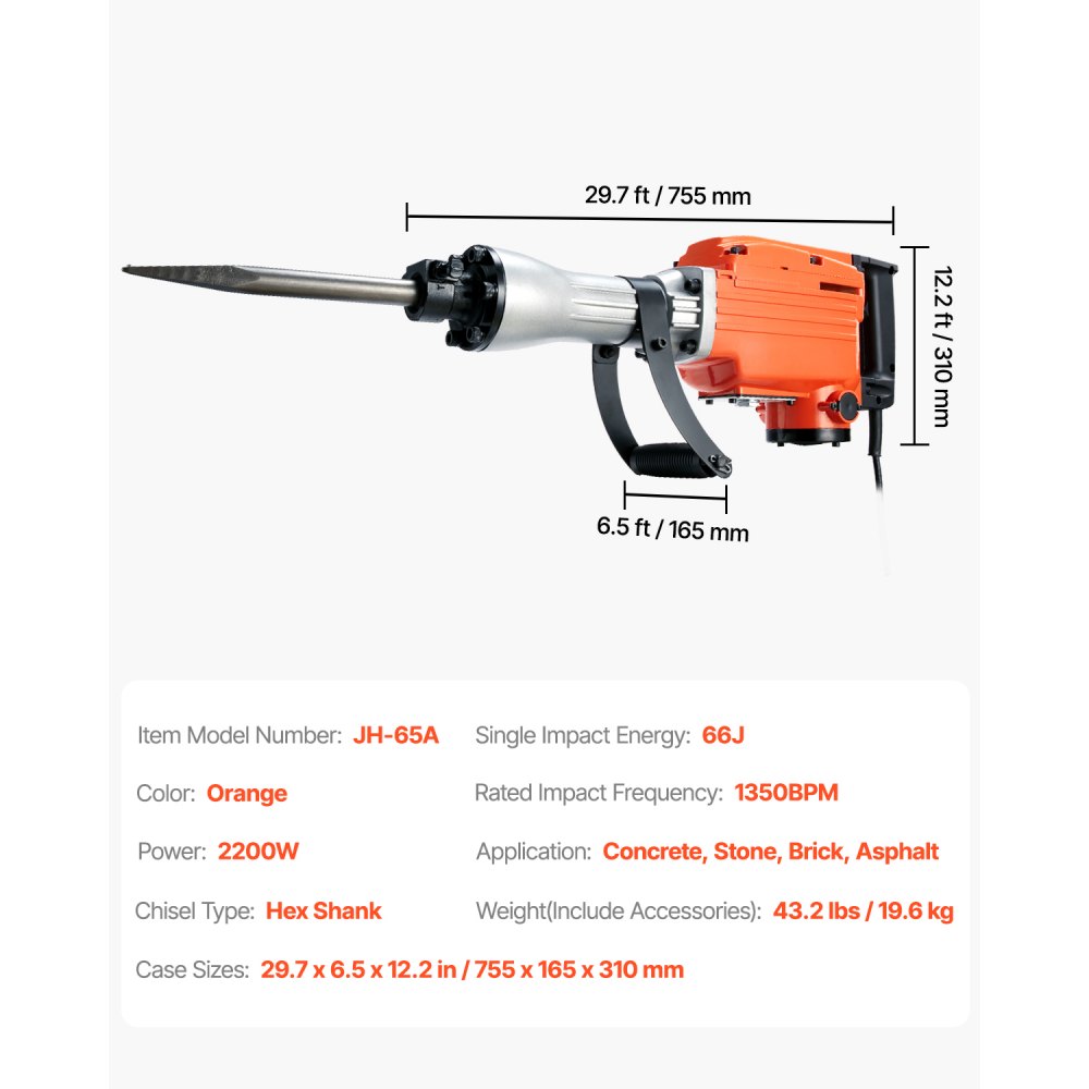 VEVOR Martello Demolitore per Calcestruzzo 2200W 2 Punte a Scalpello per 1400BPM, Kit di Martello Demolitore Elettrico 220V per Lavorazione su Cemento Mattoni Piastrelle Demolizione per Muro 66J 2200W