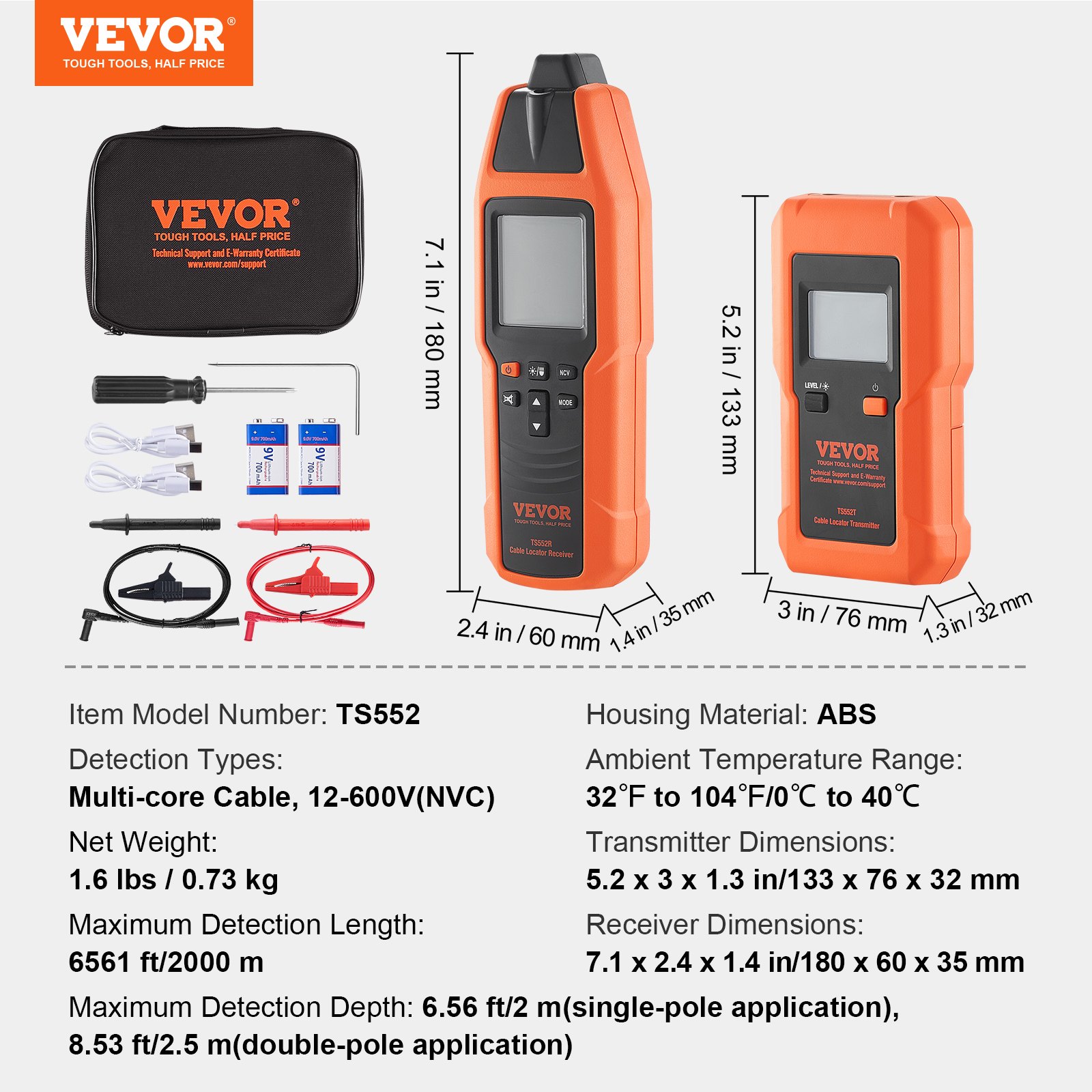VEVOR Localizzatore di Cavi Sotterranei Profondità max. 2m, Intervallo di Tensione 12-600 V, Localizzatore d'Interruzioni di Circuito Linea, Lunghezza max. Rilevamento 2000m per Tubi Sotterranei