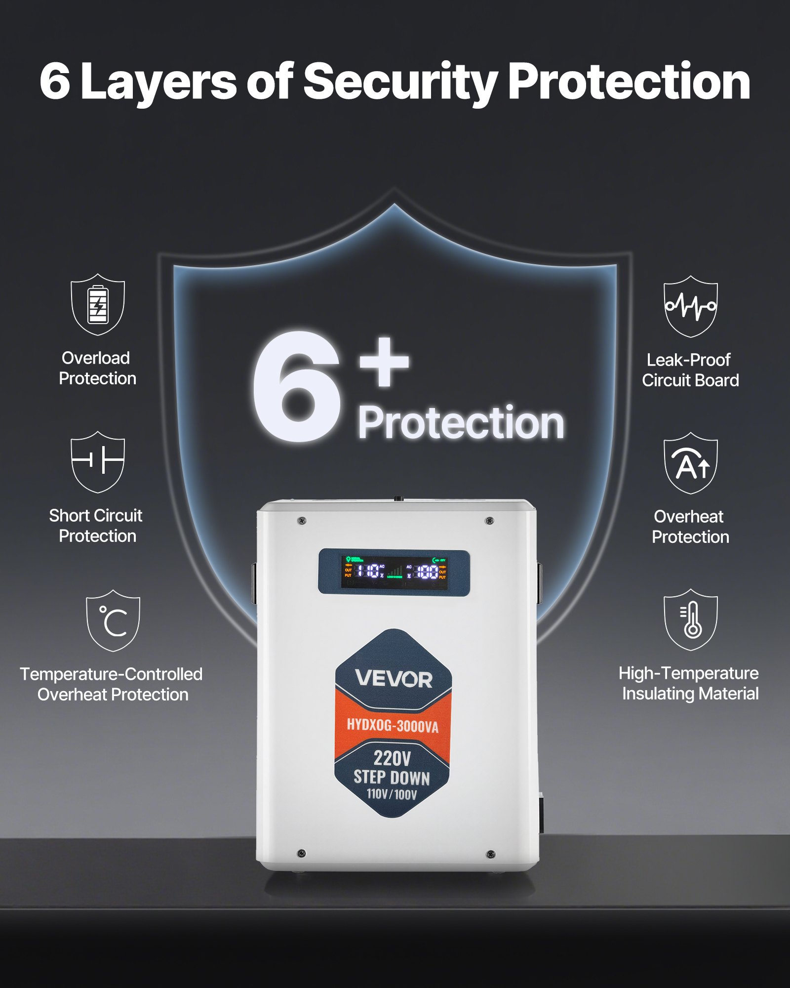 VEVOR Convertitore di Tensione Step-Down da 3000 VA, Trasformatore di Potenza per Impieghi Gravosi da 220 V a 110 V con 2 Prese USA, Uscita USB, Display LCD, Protezione della Temperatura