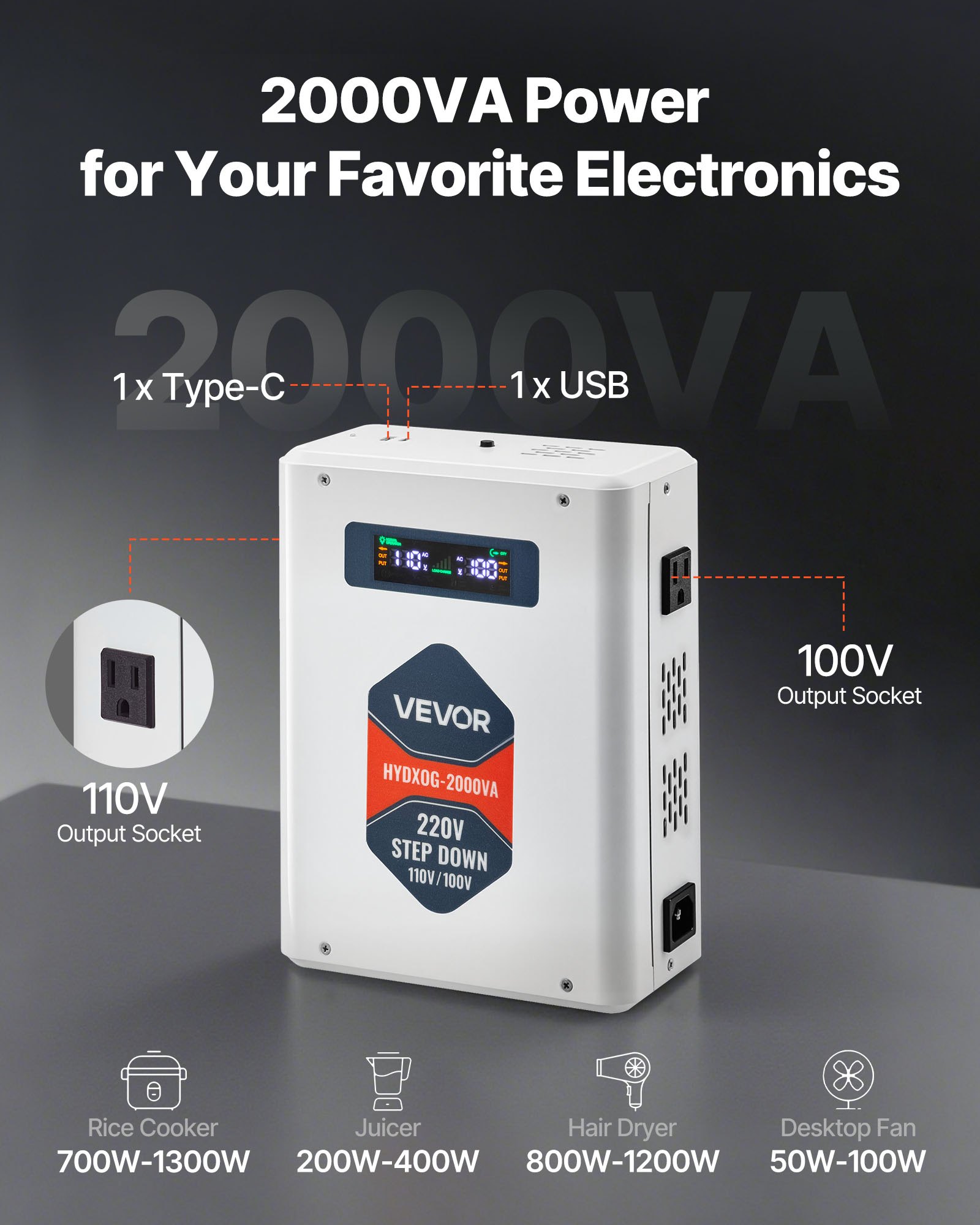 VEVOR Convertitore di Tensione Step-Down da 2000 VA, Trasformatore di Potenza per Impieghi Gravosi da 220 V a 110 V con 2 Prese USA, Uscita USB, Display LCD, per Elettrodomestici da 110 V