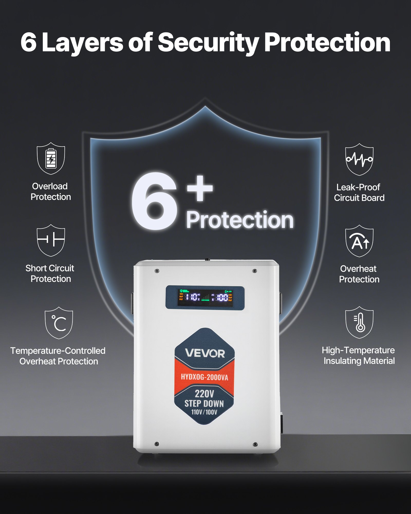 VEVOR Convertitore di Tensione Step-Down da 2000 VA, Trasformatore di Potenza per Impieghi Gravosi da 220 V a 110 V con 2 Prese USA, Uscita USB, Display LCD, per Elettrodomestici da 110 V