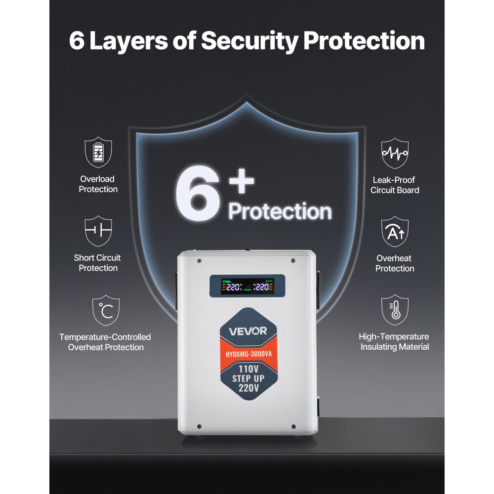 VEVOR Convertitore di Tensione Step-Up da 3000 VA, Trasformatore di Potenza per Impieghi Gravosi da 110 V a 220 V con 2 Prese USA, Uscita USB, Display LCD, per Elettrodomestici da 220 V