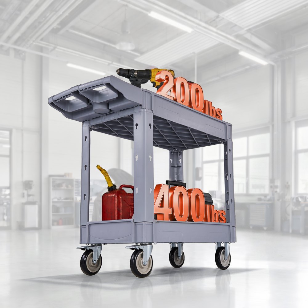 VEVOR Carrello di Servizio Portata 250 kg 2 Ripiani Ruote Girevoli a 360°, Carrello da Officina, 2 Ruote con Freno, Struttura in Plastica Resistente con Vassoio Comodo, per Garage e Magazzino, Grigio