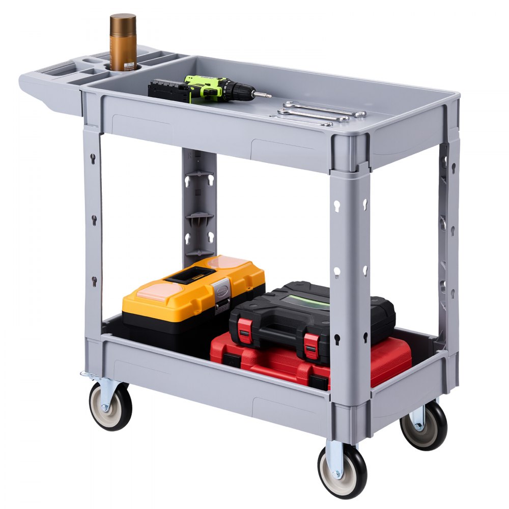 VEVOR Carrello di Servizio Portata 250 kg 2 Ripiani Ruote Girevoli a 360°, Carrello da Officina, 2 Ruote con Freno, Struttura in Plastica Resistente con Vassoio Comodo, per Garage e Magazzino, Grigio
