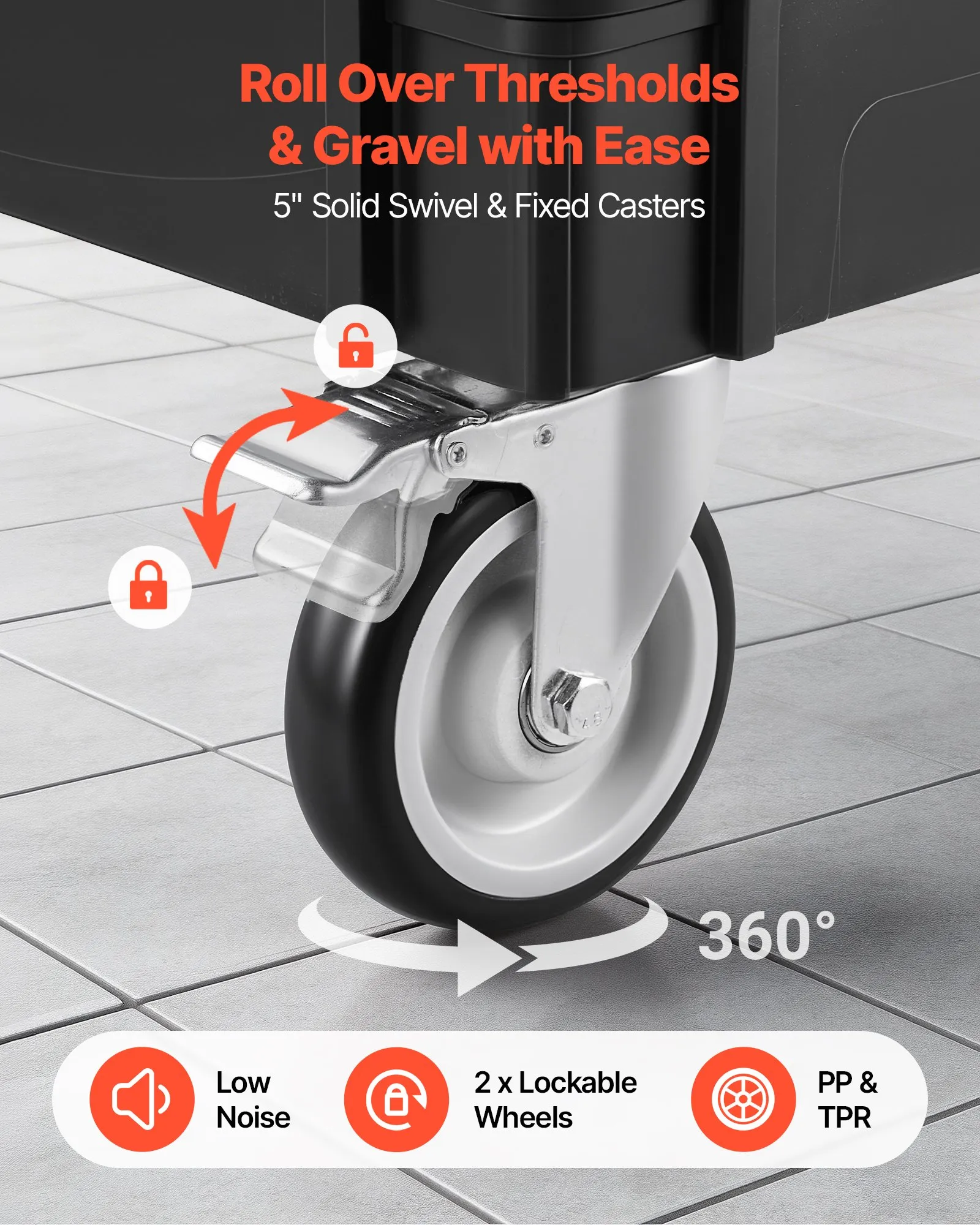 VEVOR Carrello di Servizio Portata 250 kg 2 Ripiani Ruote Girevoli a 360°, Carrello Officina, Ruote Fisse con Freno, Struttura in Plastica Resistente con Vassoio e Pannello Forato, per Garage, Nero