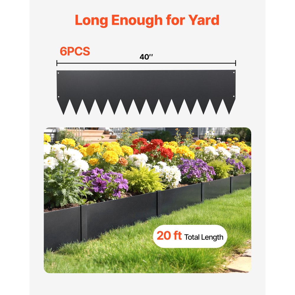 VEVOR Galvanized Steel Landscape Edging, 6-Pack 1016 x 254 mm Metal Edging for Landscaping with 8 Mounting Clips, Heavy Duty Metal Garden Edge Border for Flower Bed, Yard Pathway, Black