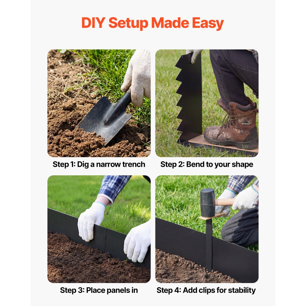 VEVOR Galvanized Steel Landscape Edging, 6-Pack 1016 x 254 mm Metal Edging for Landscaping with 8 Mounting Clips, Heavy Duty Metal Garden Edge Border for Flower Bed, Yard Pathway, Black