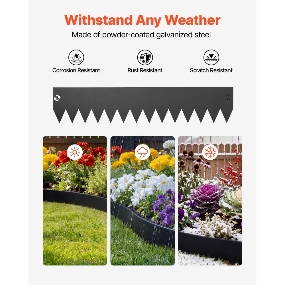 VEVOR Galvanized Steel Landscape Edging, 6-Pack 1016 x 203 mm Metal Edging for Landscaping with 6 Mounting Clips, Bendable Metal Garden Edge Border for Flower Bed, Yard Pathway, Black