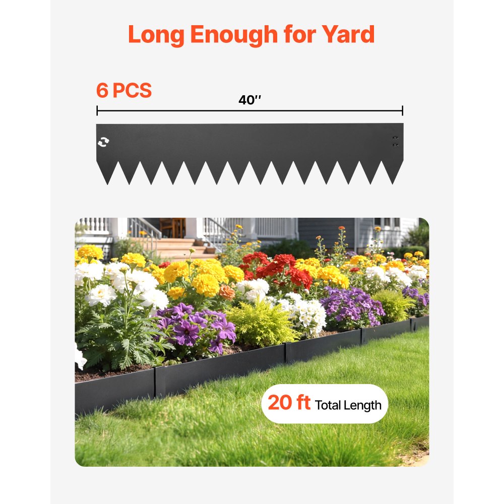 VEVOR Galvanized Steel Landscape Edging, 6-Pack 1016 x 203 mm Metal Edging for Landscaping with 6 Mounting Clips, Bendable Metal Garden Edge Border for Flower Bed, Yard Pathway, Black