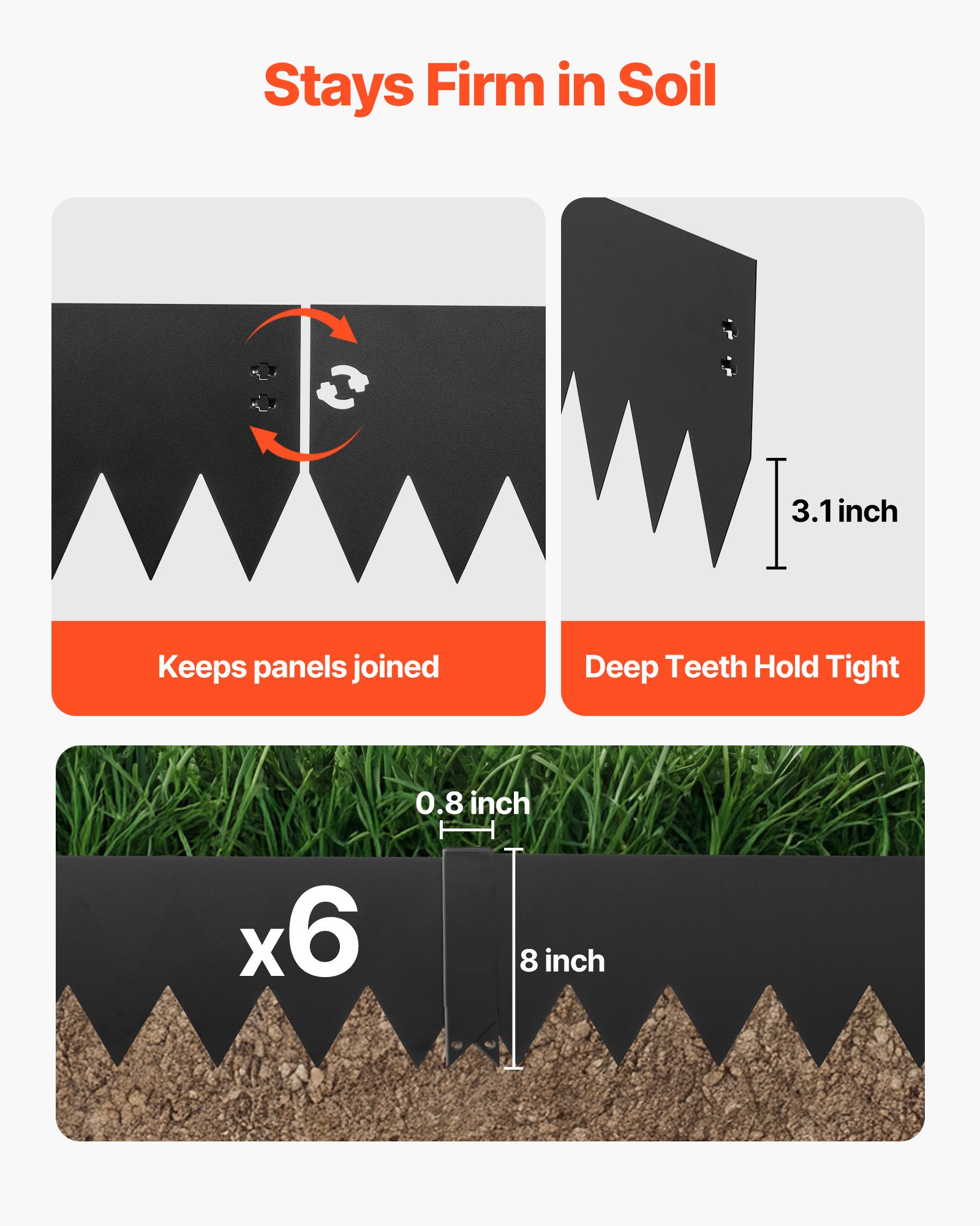 VEVOR Galvanized Steel Landscape Edging, 6-Pack 1016 x 203 mm Metal Edging for Landscaping with 6 Mounting Clips, Bendable Metal Garden Edge Border for Flower Bed, Yard Pathway, Black