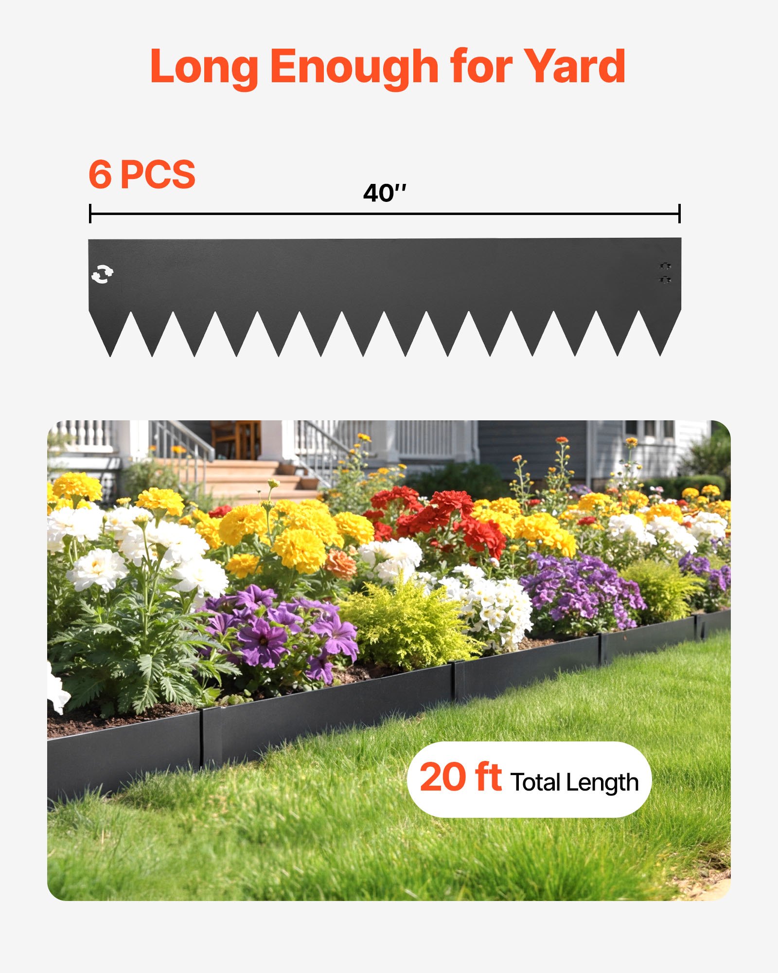 VEVOR Galvanized Steel Landscape Edging, 6-Pack 1016 x 203 mm Metal Edging for Landscaping with 6 Mounting Clips, Bendable Metal Garden Edge Border for Flower Bed, Yard Pathway, Black