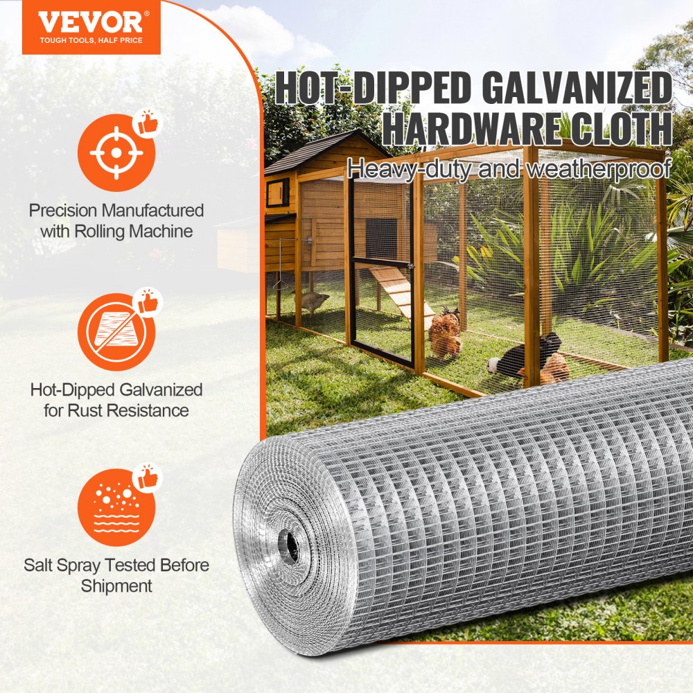 VEVOR Rete Metallica Zincata a Caldo 12,7 mm 610 mm x 7,62 m Calibro 19, Rotolo di Recinzione Zincata a Caldo Dopo Saldatura, per Divisione Piante Giardino Supporti Delimitazione Gabbie di Pollame