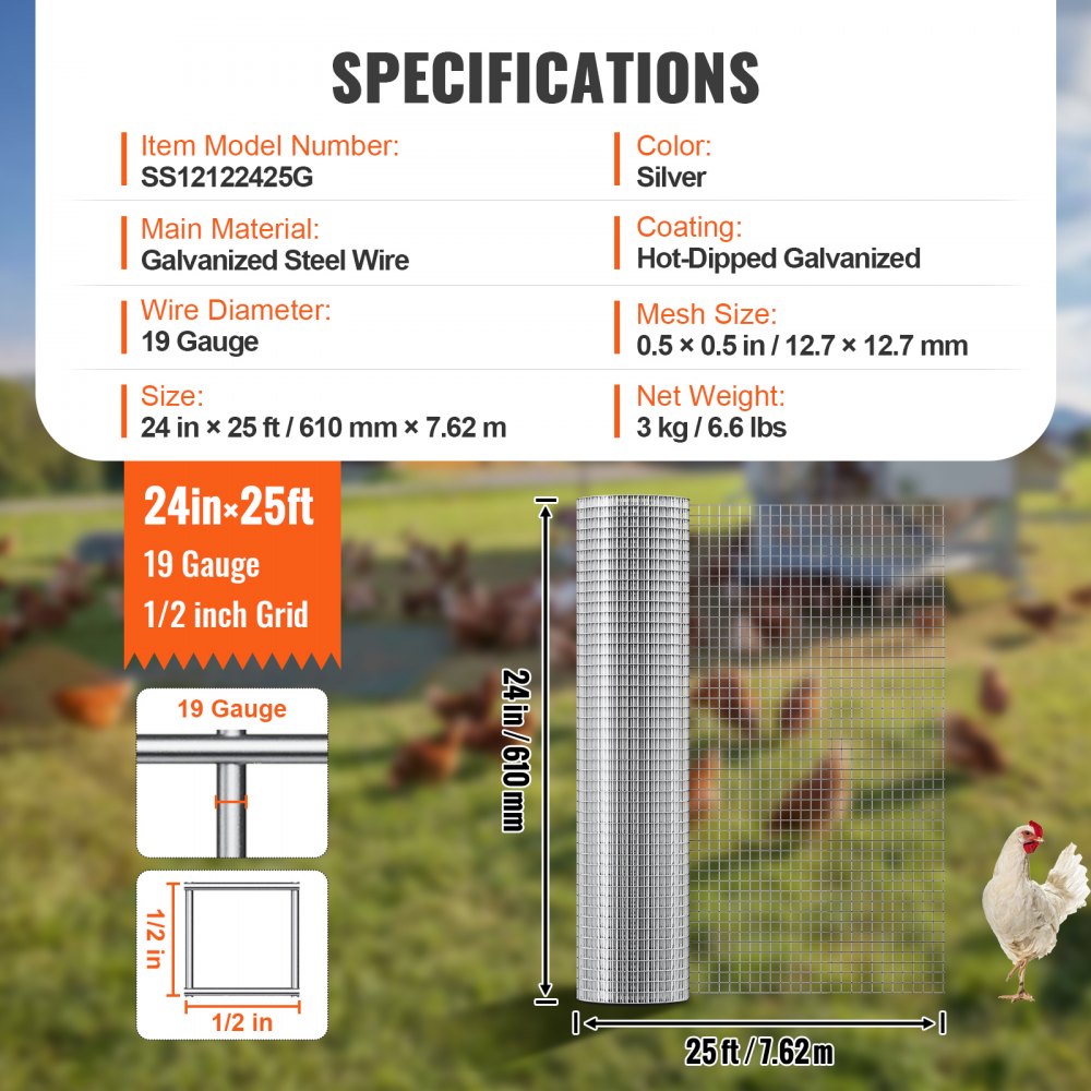VEVOR Rete Metallica Zincata a Caldo 12,7 mm 610 mm x 7,62 m Calibro 19, Rotolo di Recinzione Zincata a Caldo Dopo Saldatura, per Divisione Piante Giardino Supporti Delimitazione Gabbie di Pollame