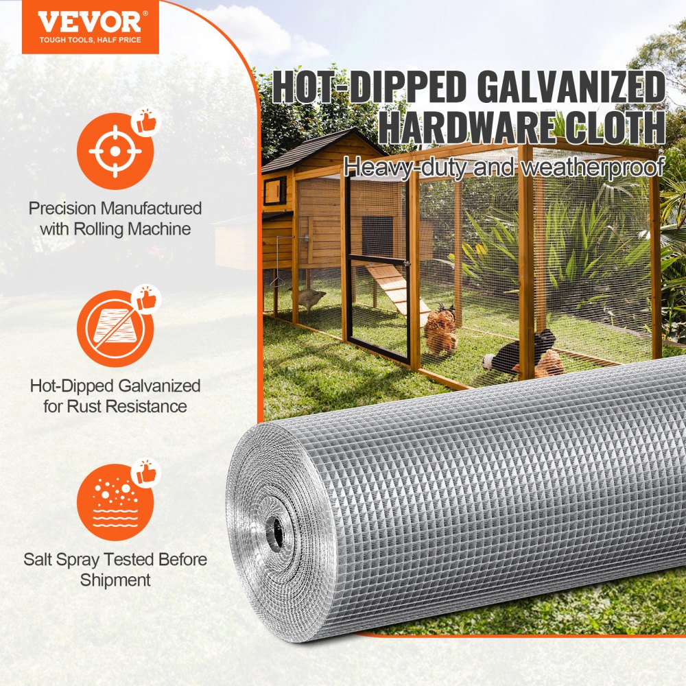 VEVOR Rotolo di Rete Metallica Maglia 6,35 mm 1220 mm x 15,24 m Calibro 23, Zincata a Caldo Dopo la Saldatura, Supporto per Recinzione da Giardino per Piante, per Gabbia Pollame Antifuga e Protettivo