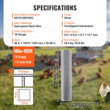 VEVOR Rotolo di rete metallica per recinzione pollame 1220mmx30,48m calibro 19