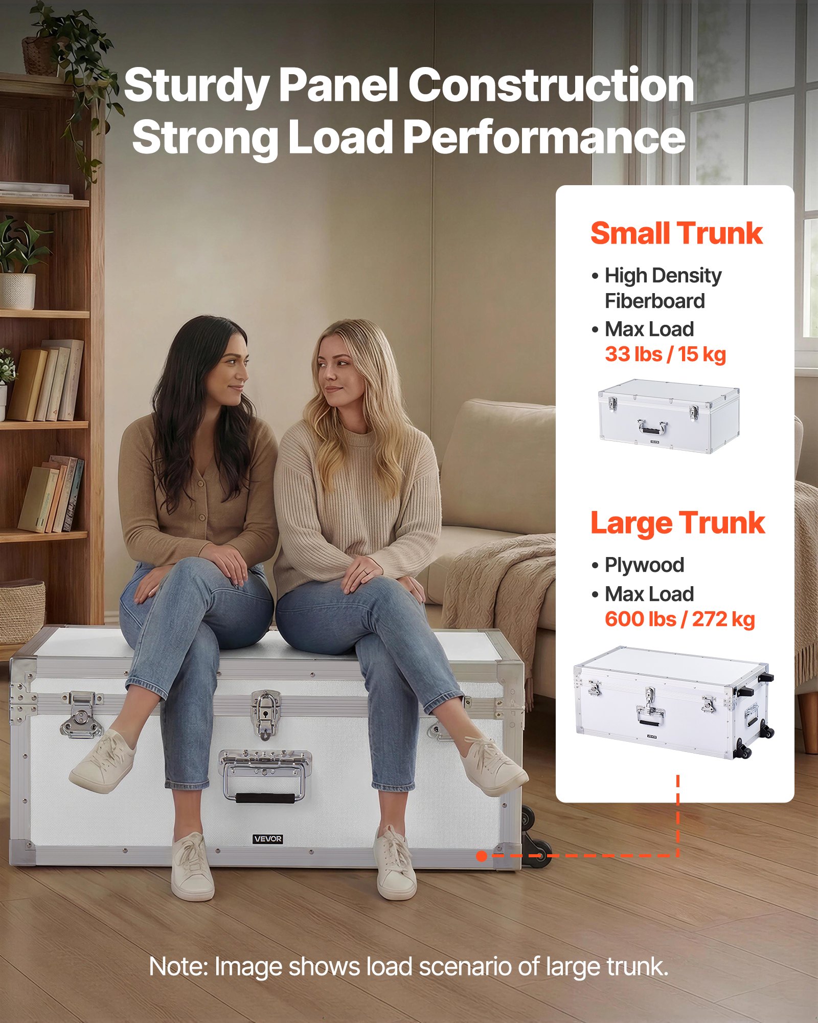 VEVOR Metal Storage Trunk, Set of 2, Wooden Suitcase Storage Boxes with Padlocks, Large Trunk Includes Casters and 3 Metal Handles, Decorative Store Chest with Lids for Travel, Apartment, Dorm, White