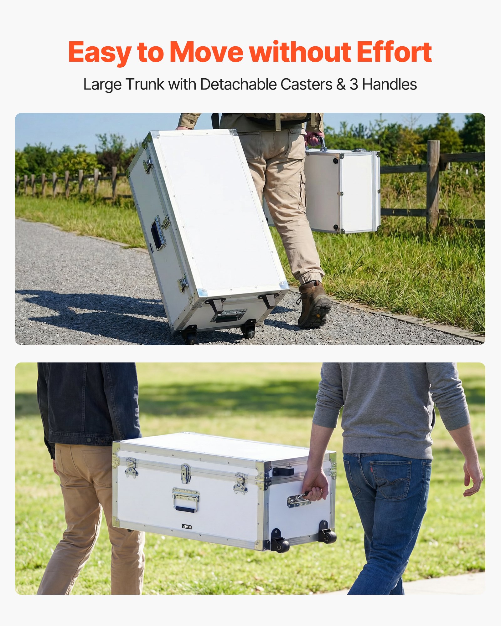 VEVOR Metal Storage Trunk, Set of 2, Wooden Suitcase Storage Boxes with Padlocks, Large Trunk Includes Casters and 3 Metal Handles, Decorative Store Chest with Lids for Travel, Apartment, Dorm, White