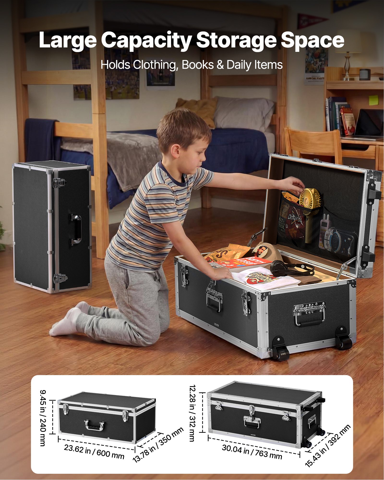 VEVOR Valigette per Trasporto Custodia per Stoccaggio con Serratura in Metallo, Scatola per Stoccaggio con Ruote con Maniglie, Set di Valigia 2 pezzi Trasportabile Dormitorio Appartamento, Nero