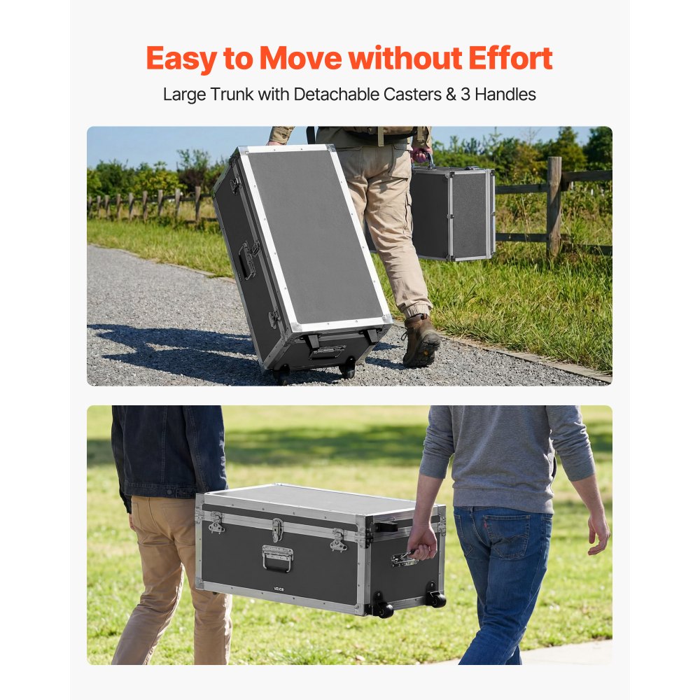 VEVOR Metal Storage Trunk, Set of 2, Wooden Suitcase Storage Boxes with Padlocks, Large Trunk Includes Casters and 3 Metal Handles, Decorative Store Chest with Lids for Travel, Apartment, Dorm, Gray