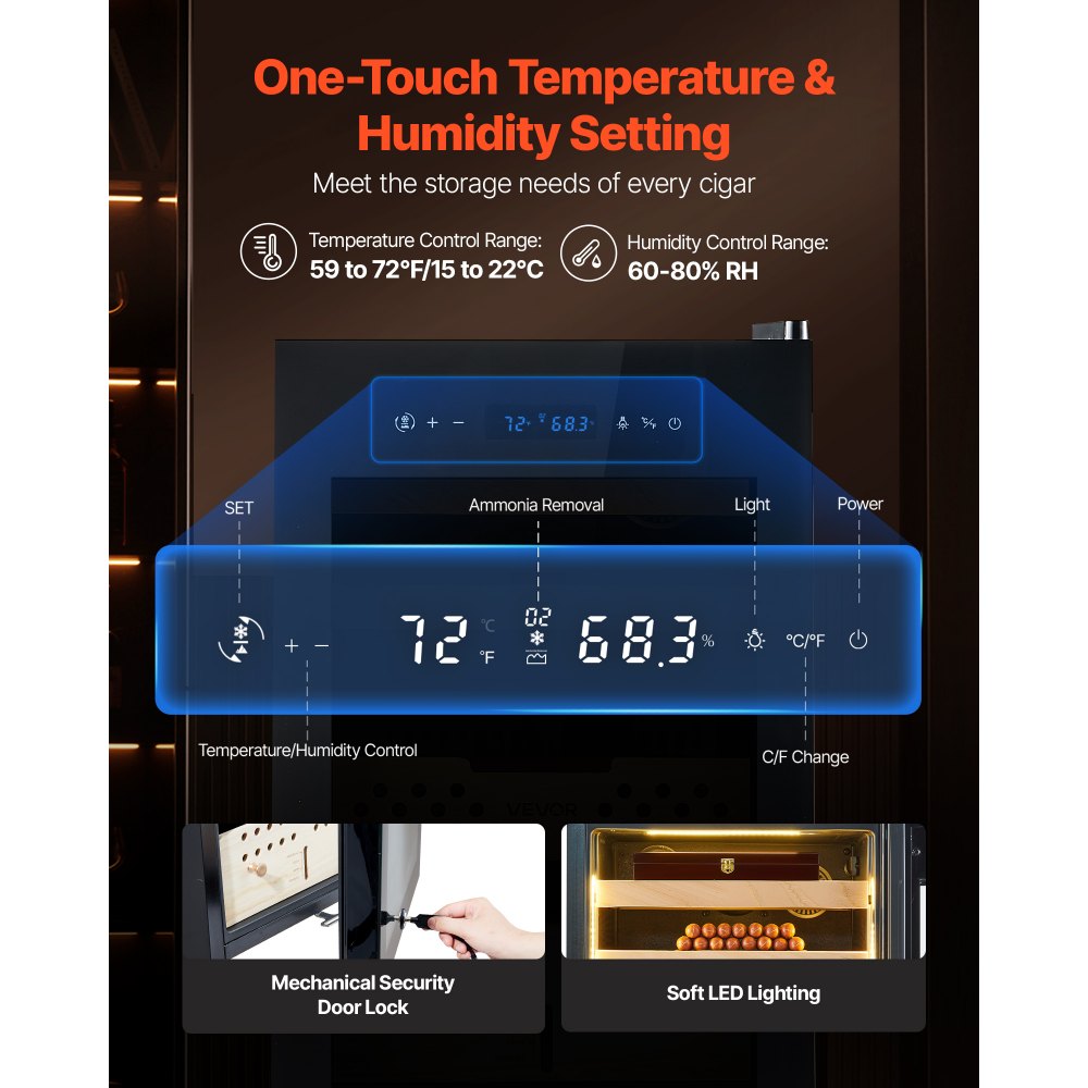 VEVOR Humidor Elettrico per Sigari da 60 Litri, Capacità 350 pezzi, Humidor per Sigari con Raffreddamento a Compressore, Armadio 3 Livelli, Controllo Costante di Umidità e Temperatura