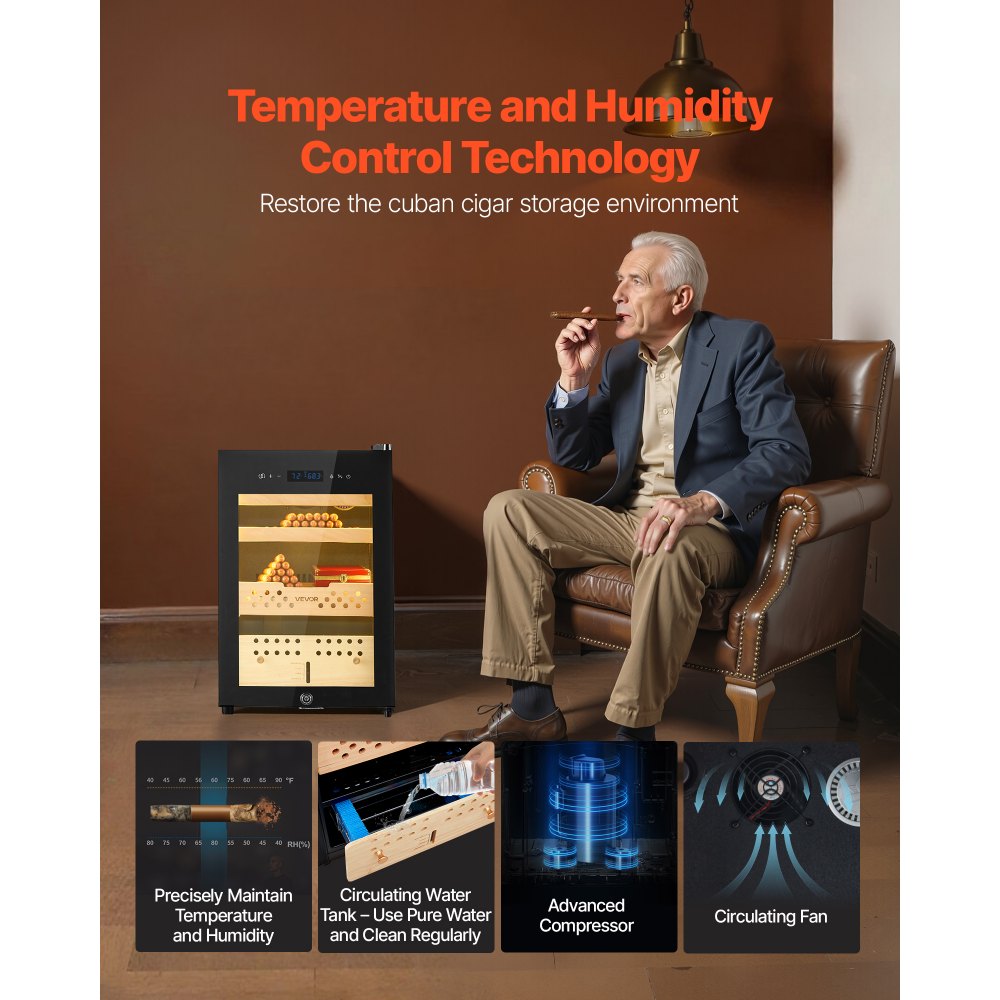 VEVOR Humidor Elettrico per Sigari da 60 Litri, Capacità 350 pezzi, Humidor per Sigari con Raffreddamento a Compressore, Armadio 3 Livelli, Controllo Costante di Umidità e Temperatura