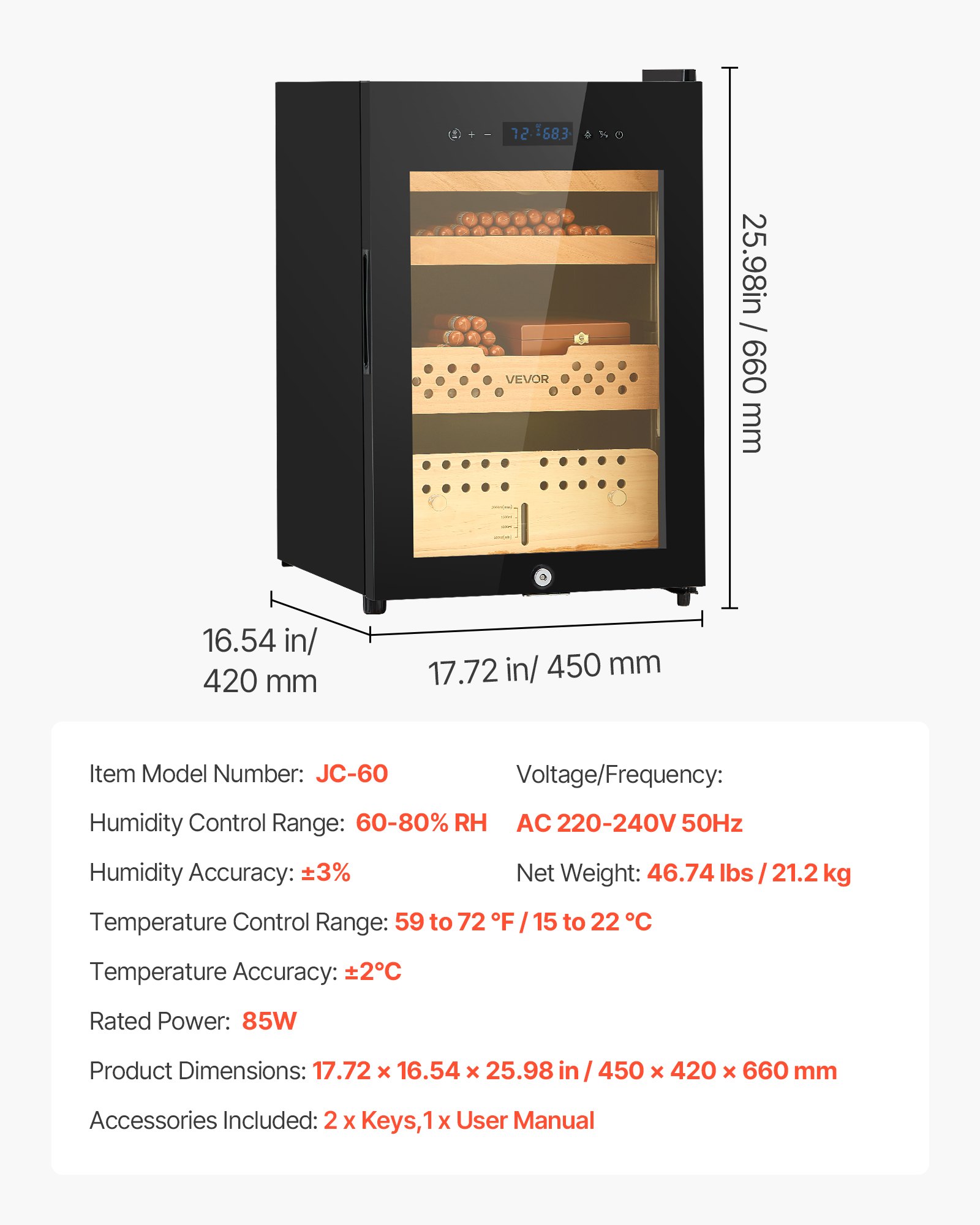 VEVOR Humidor Elettrico per Sigari da 60 Litri, Capacità 350 pezzi, Humidor per Sigari con Raffreddamento a Compressore, Armadio 3 Livelli, Controllo Costante di Umidità e Temperatura