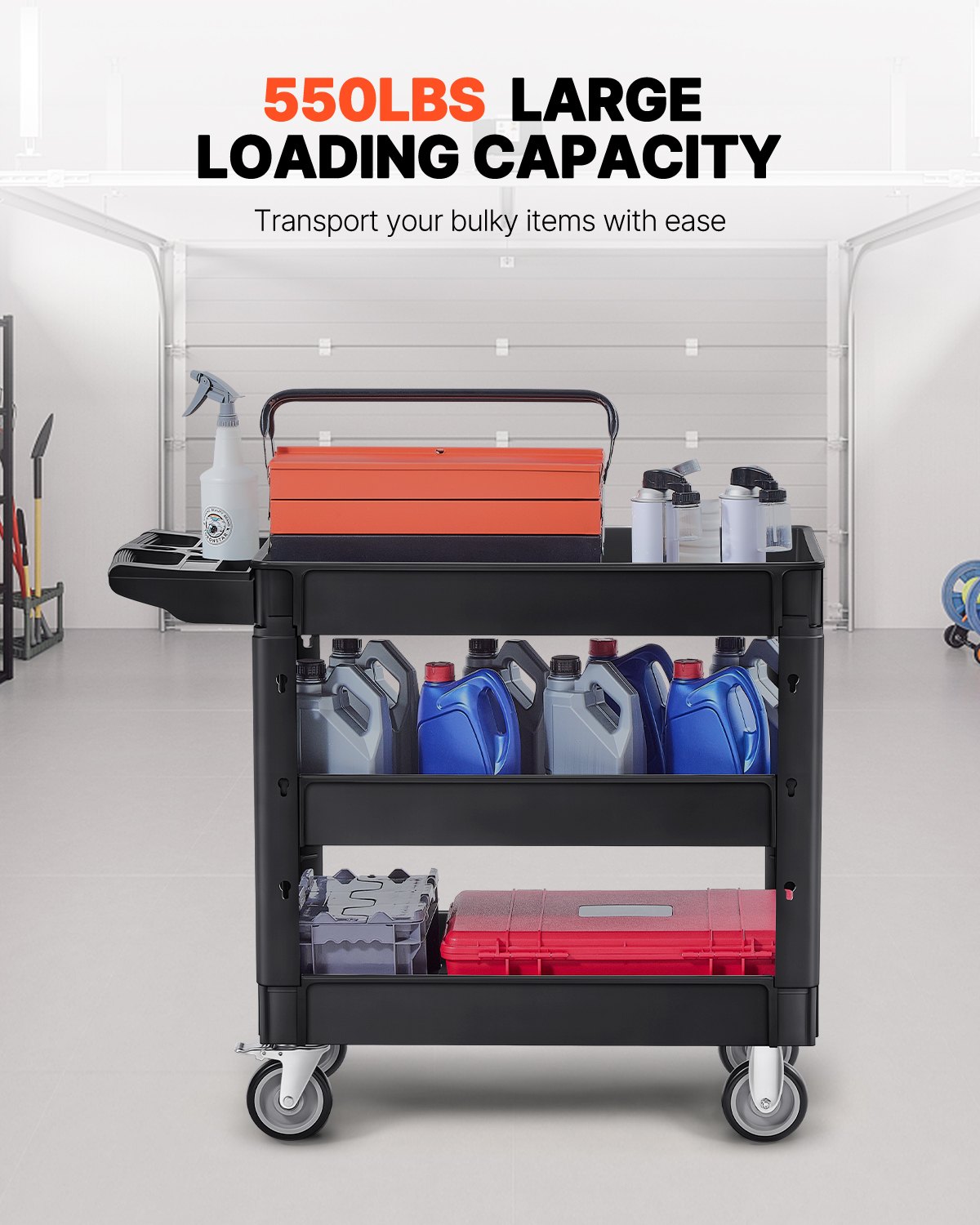 VEVOR Carrello di Servizio 103x43,5x85,7cm Carrello a Mano Multiuso 3 Ripiani Capacità Totale 249kg, Carrello a Portata Ruote Girevoli 360° 2 Ruote con Freni, Carrello Portaoggetti da Garage Giardino