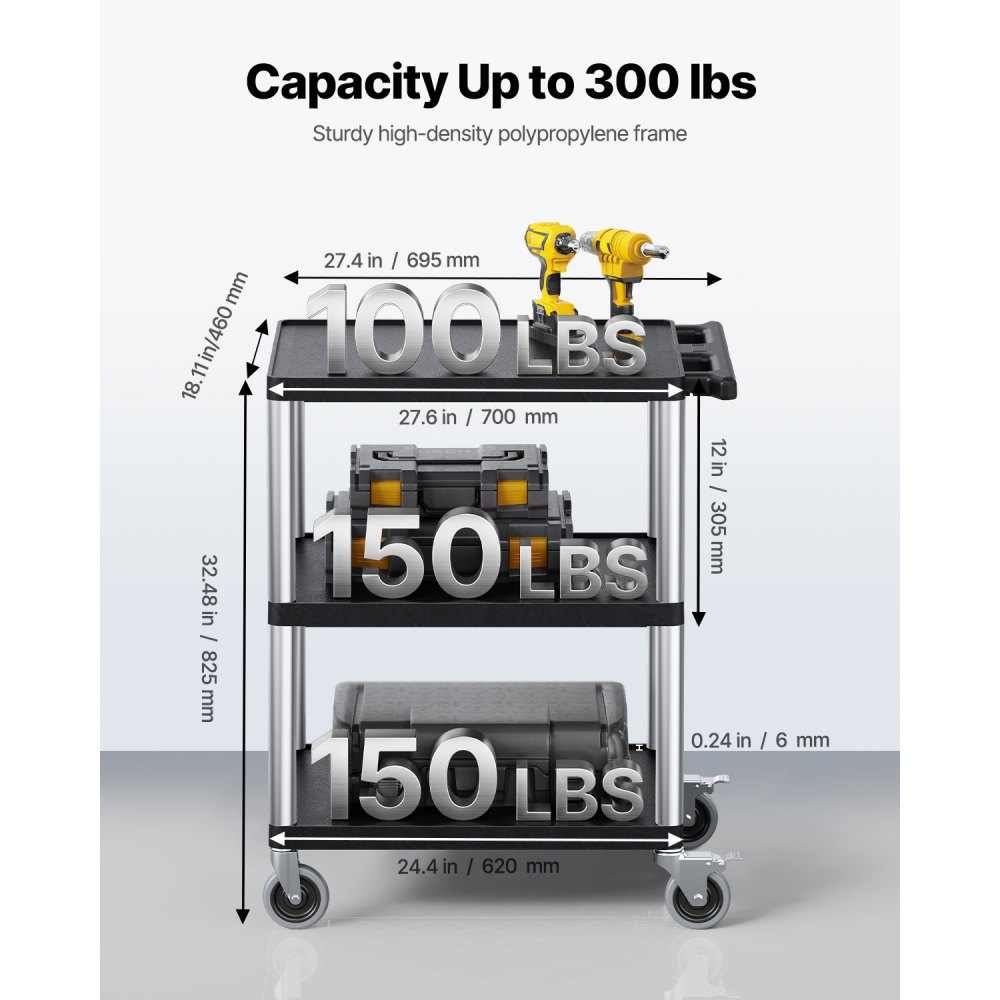 Carrello portaoggetti VEVOR, capacità di carico di 300 libbre, carrello di servizio da 27,6 x 18,1 pollici, carrello portaoggetti in plastica resistente a tre ripiani con ruote girevoli a 360° (2 con freni), adatto per magazzino, garage, pulizia
